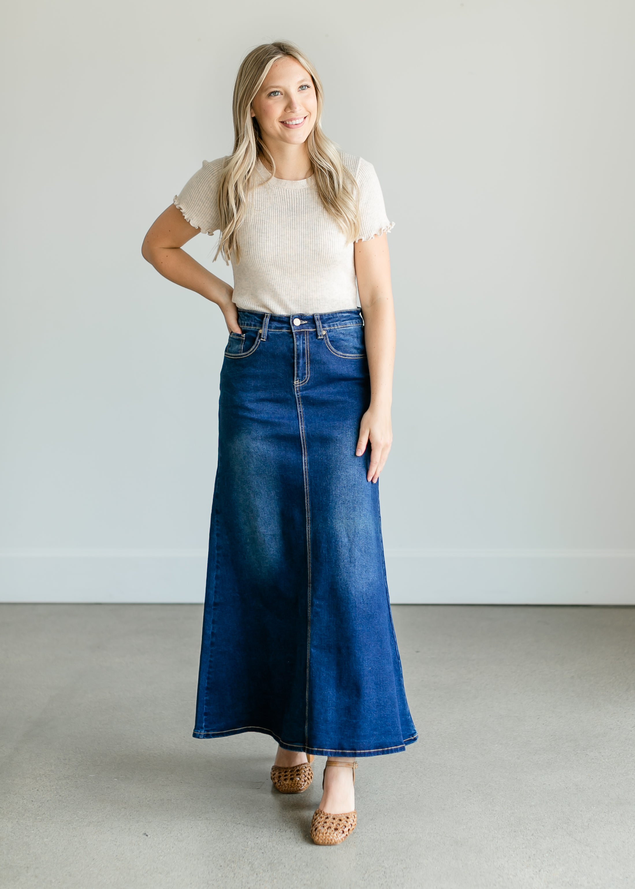 Fashion Hem Patchwork A-Line Denim Long Skirt - The Little Connection