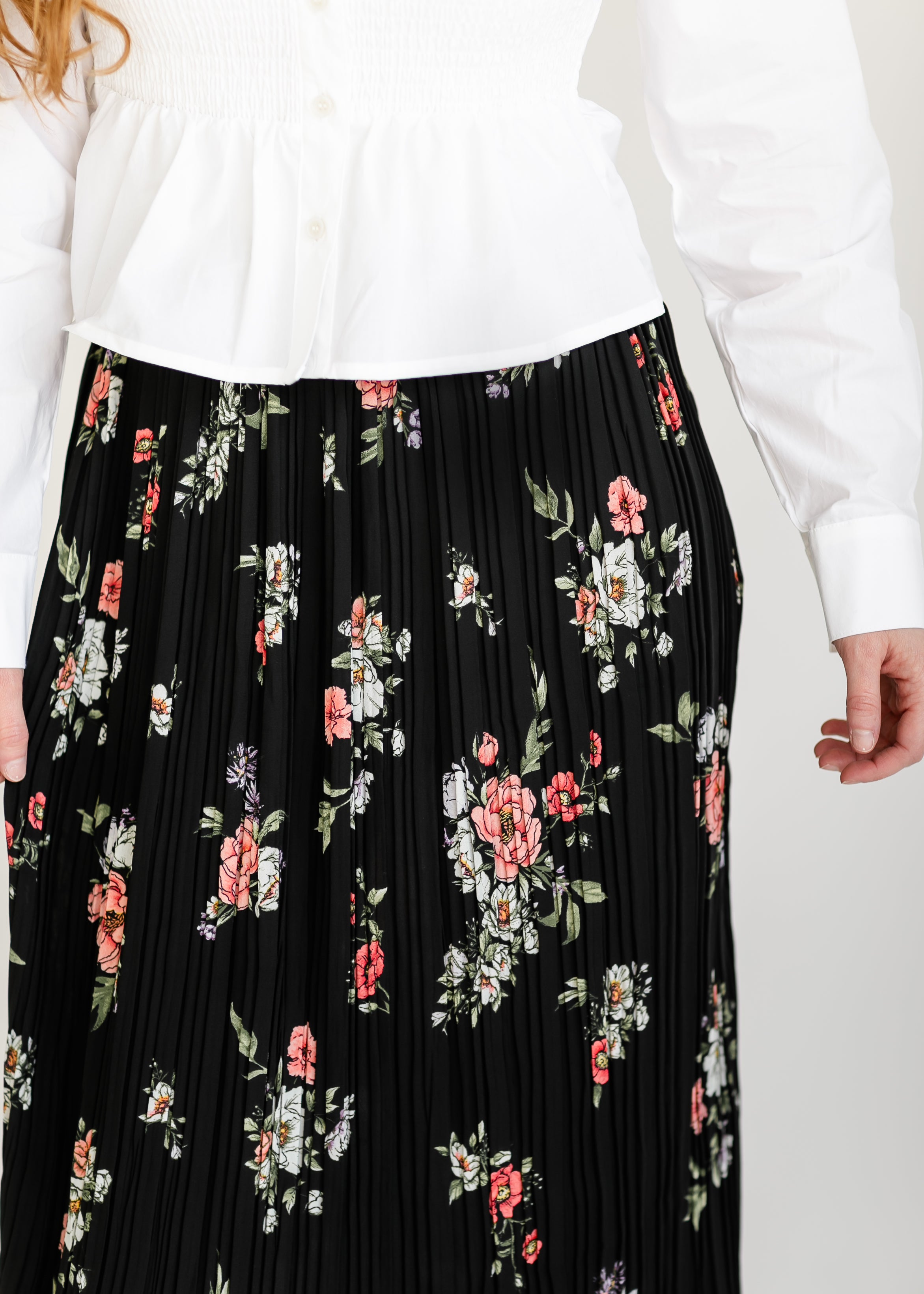 Black floral 2024 pleated midi skirt