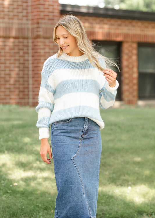 Blue Stripe Chunky Knit Sweater FF Tops