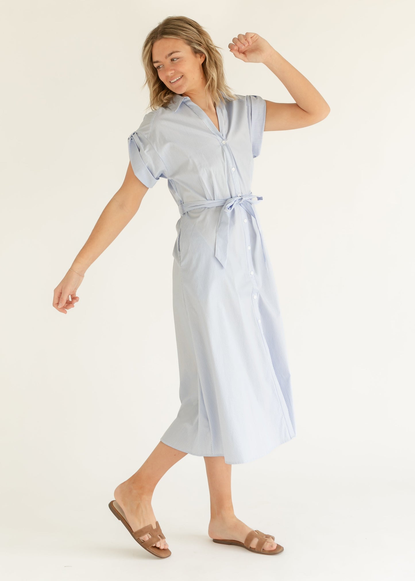 Blue Striped Short Sleeve Shirt Dress FF Dresses