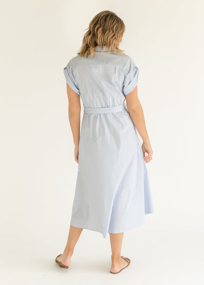 Blue Striped Short Sleeve Shirt Dress FF Dresses