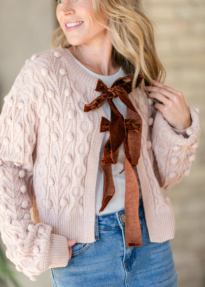 Bow Tie Closure Cable Knit Cardigan FF Tops