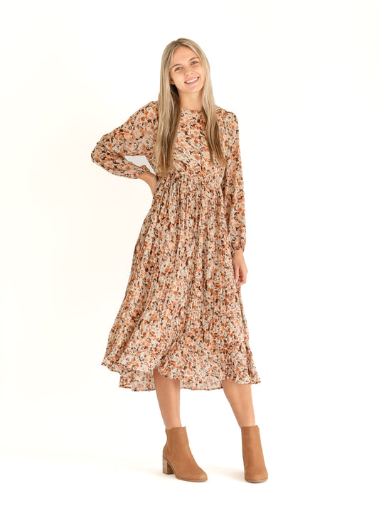 Brown Floral Pleated Midi Dress FF Dresses