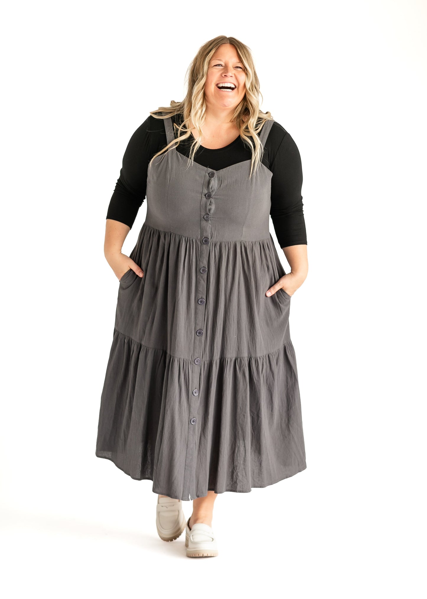 Button Front Charcoal Jumper Dress FF Dresses