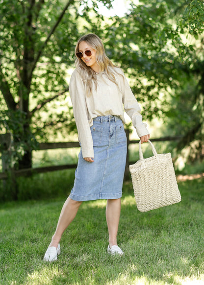 Button Up Linen Blend Tan Top FF Tops