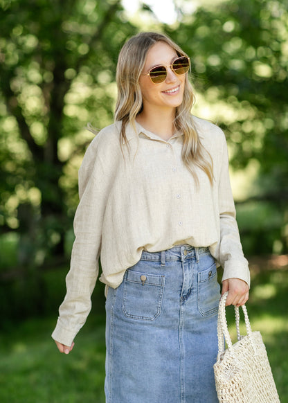 Button Up Linen Blend Tan Top FF Tops