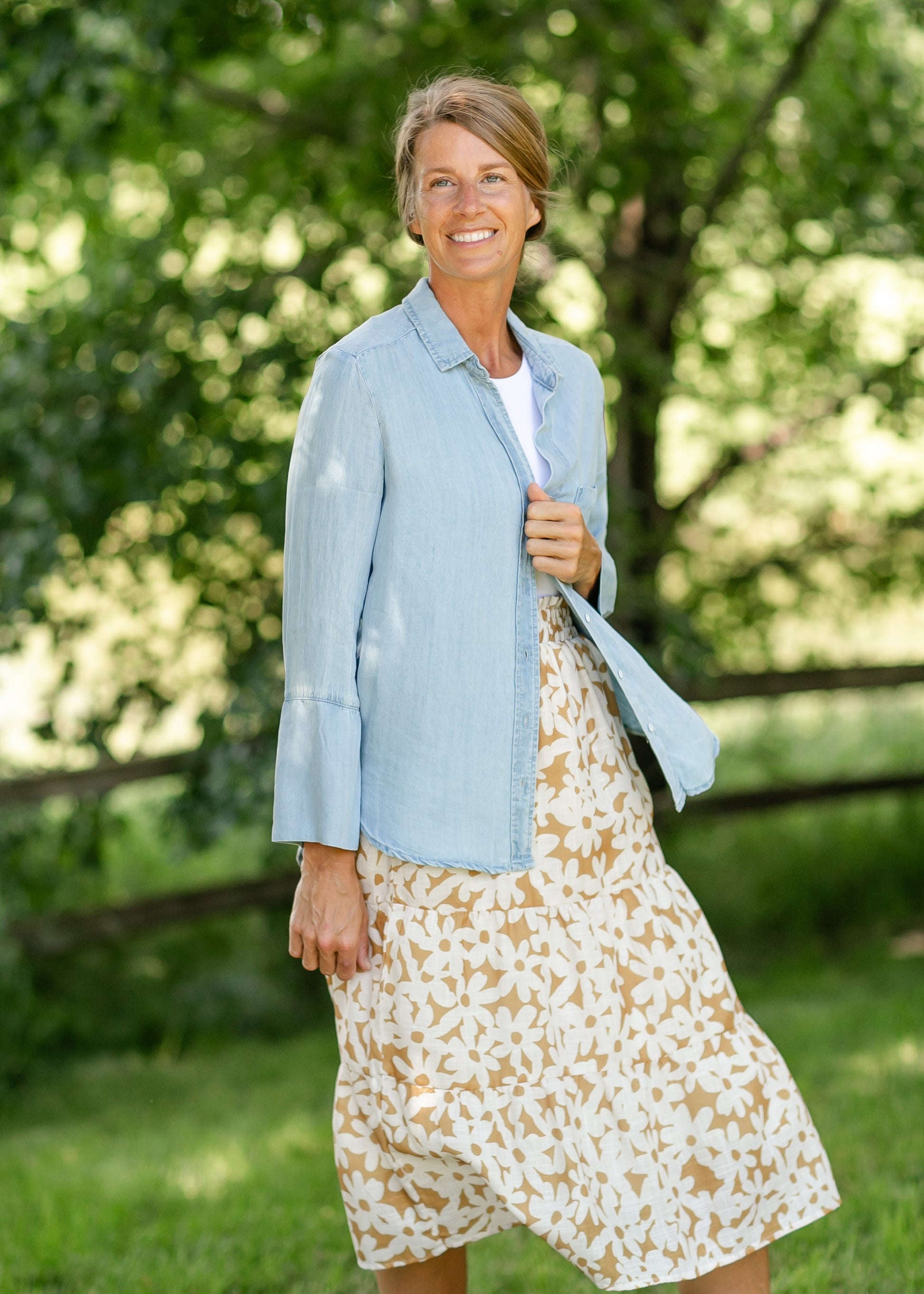 Button Up Washed Blue Curved Hem Top FF Tops