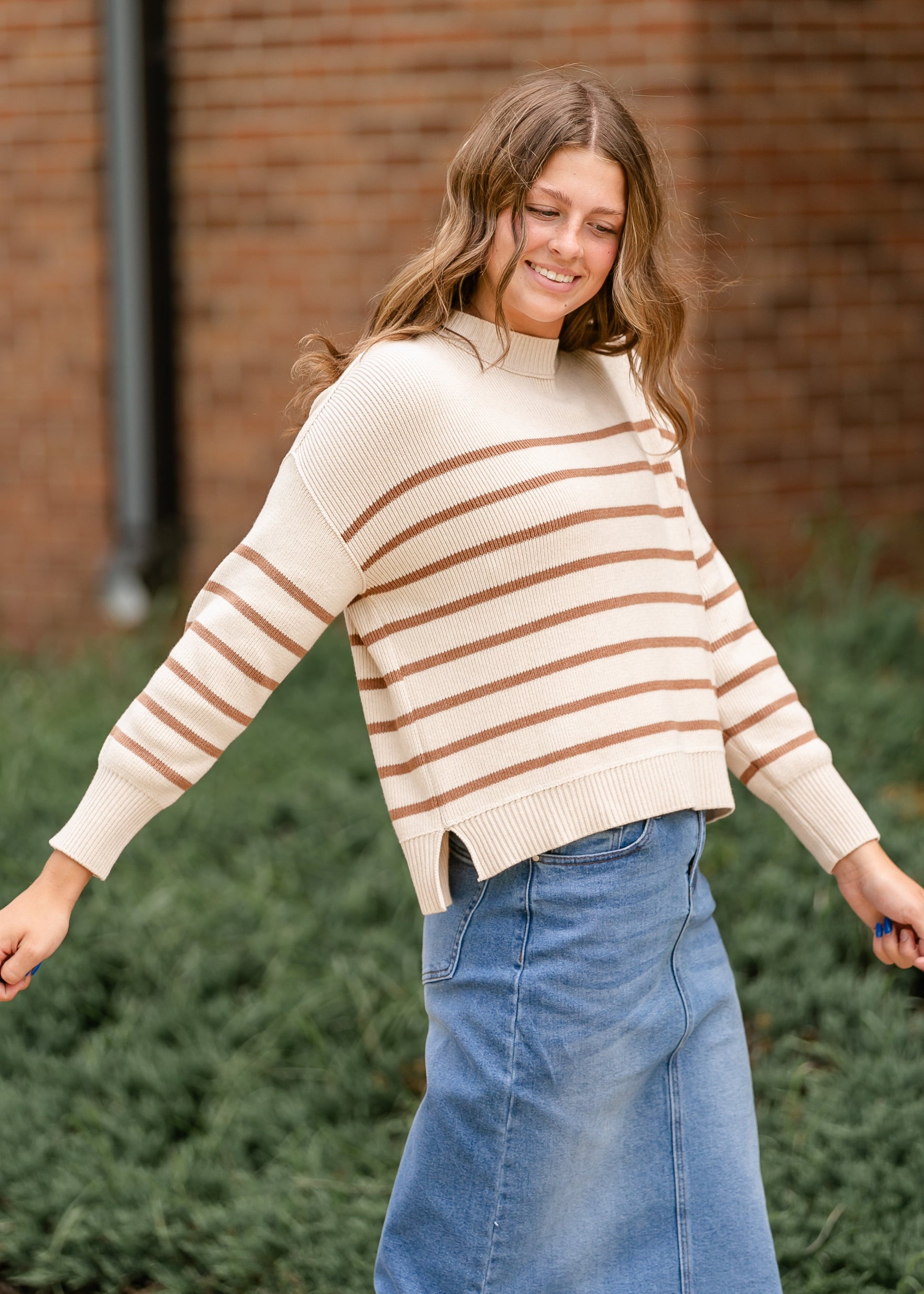 Charlene Striped Drop Shoulder Crewneck Sweater IC Tops