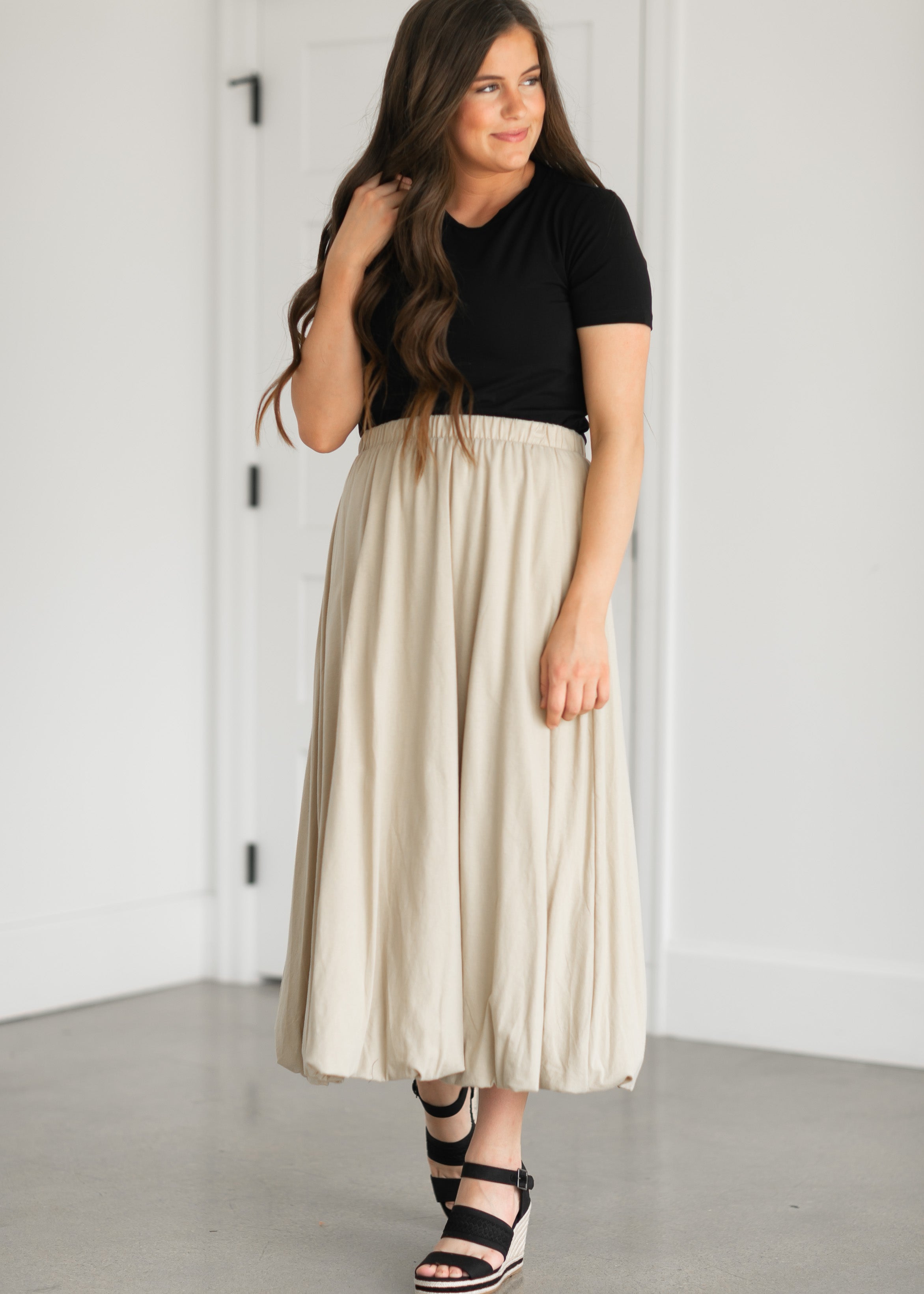 Cotton Bubble Hem Midi Skirt