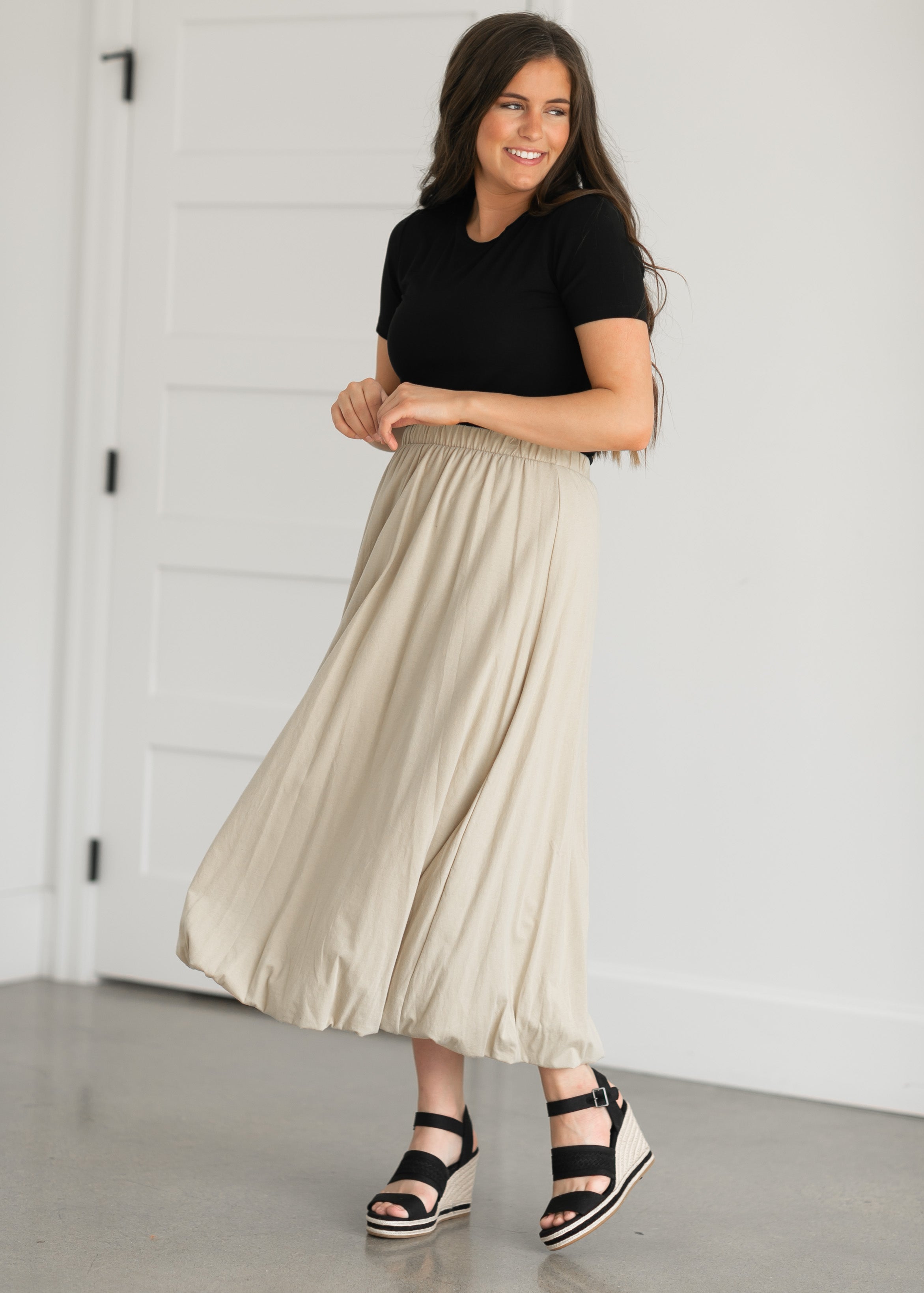 Cotton Bubble Hem Midi Skirt