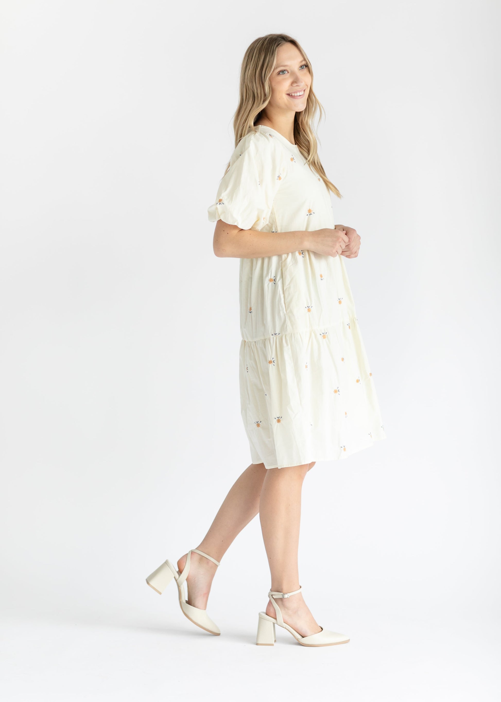 Cream Puff Sleeve Embroidered Midi Dress FF Dresses