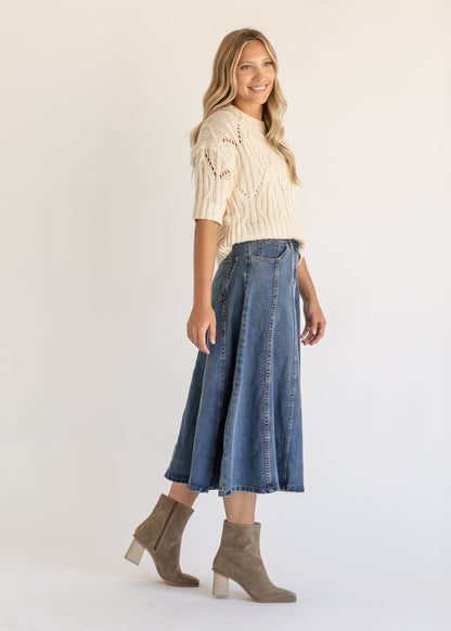 Denim Flared A-line Midi Skirt FF Skirts