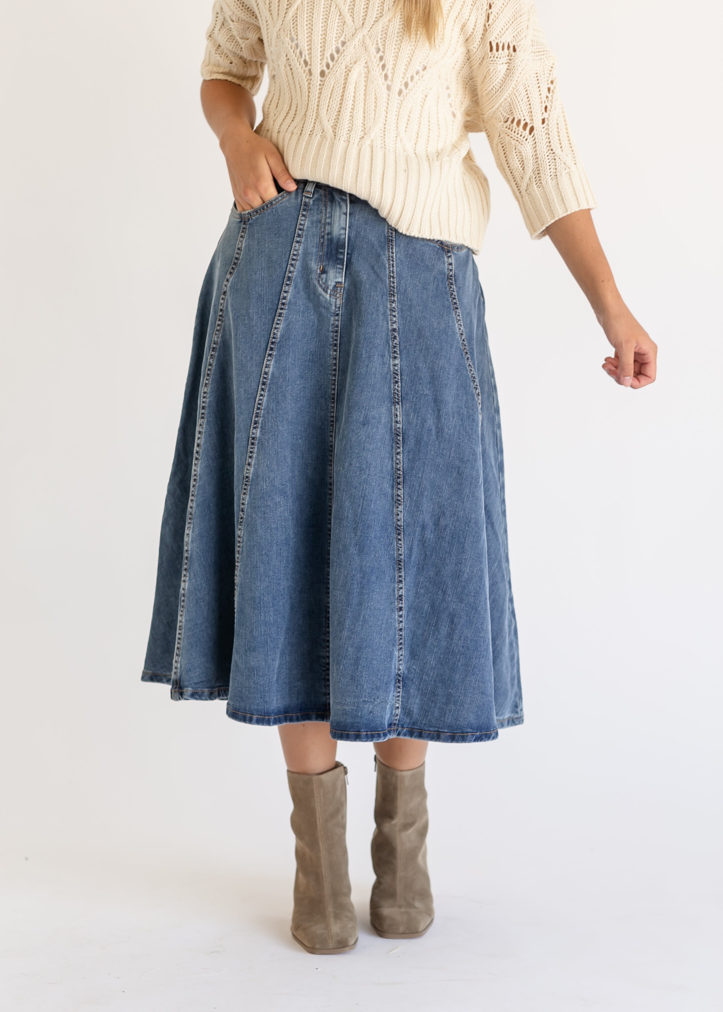 Denim Flared A line Midi Skirt Inherit Co