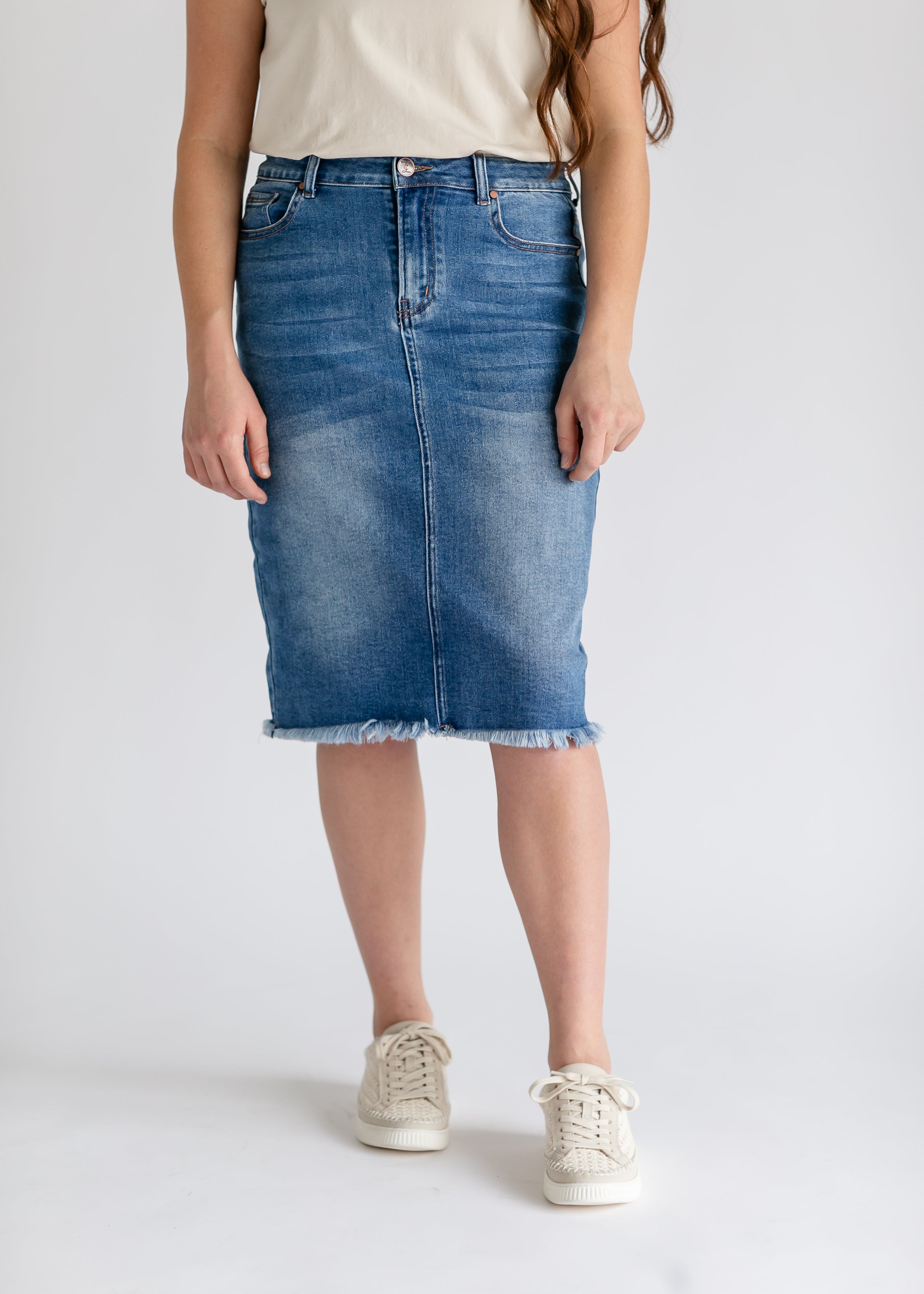 Drew Raw Hem Midi Denim Skirt – Inherit Co.