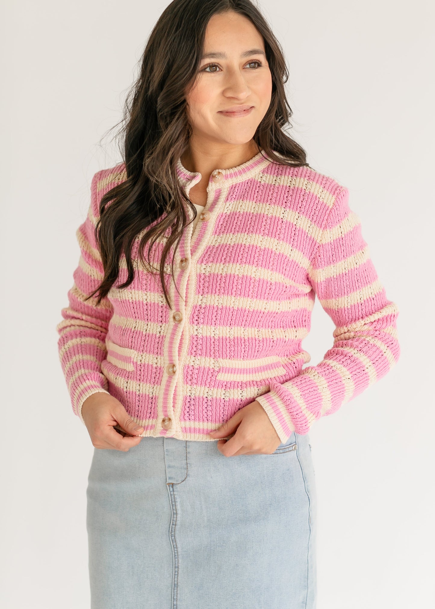 Edolie Pink Striped Button Up Cardigan FF Tops