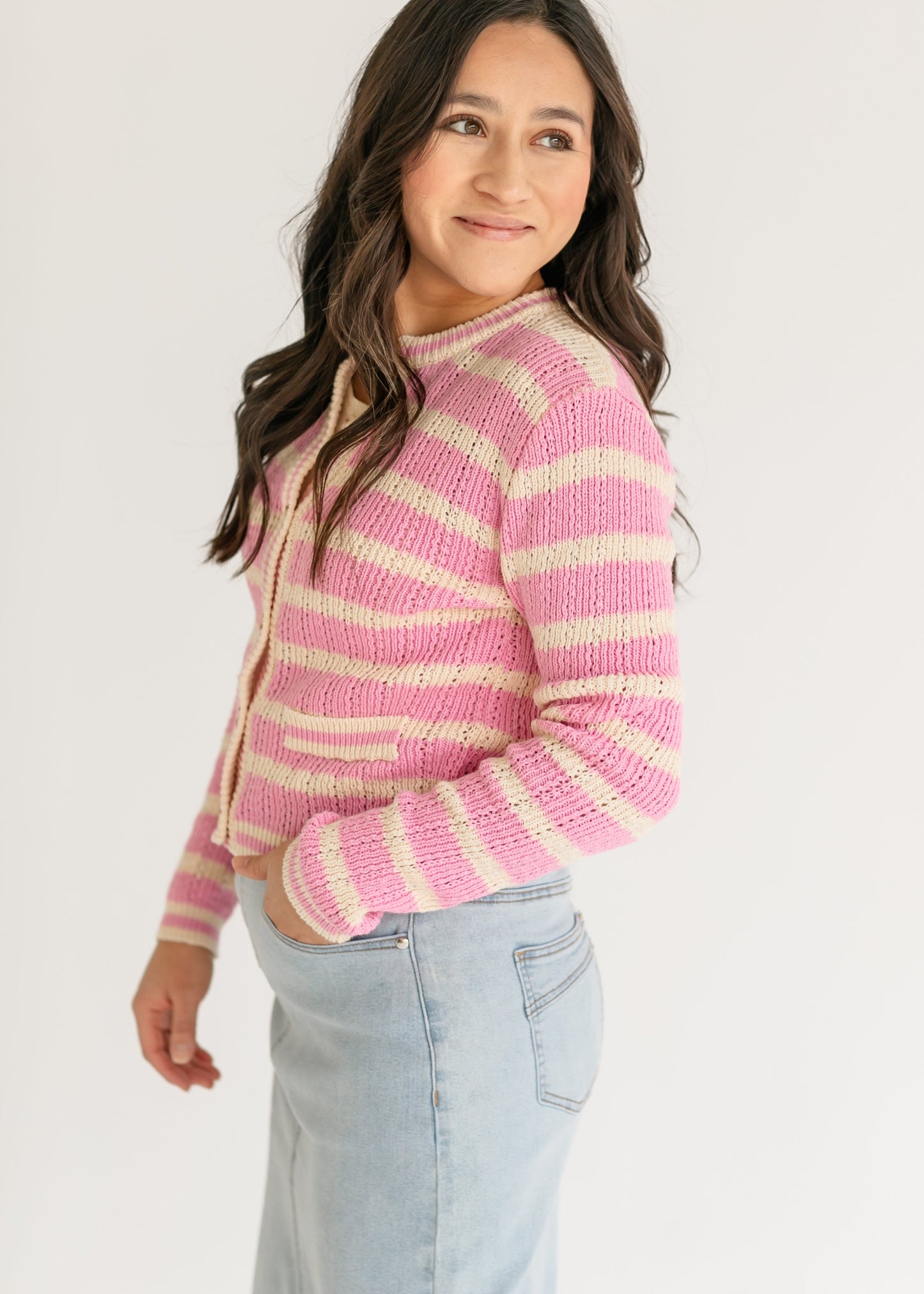 Edolie Pink Striped Button Up Cardigan FF Tops