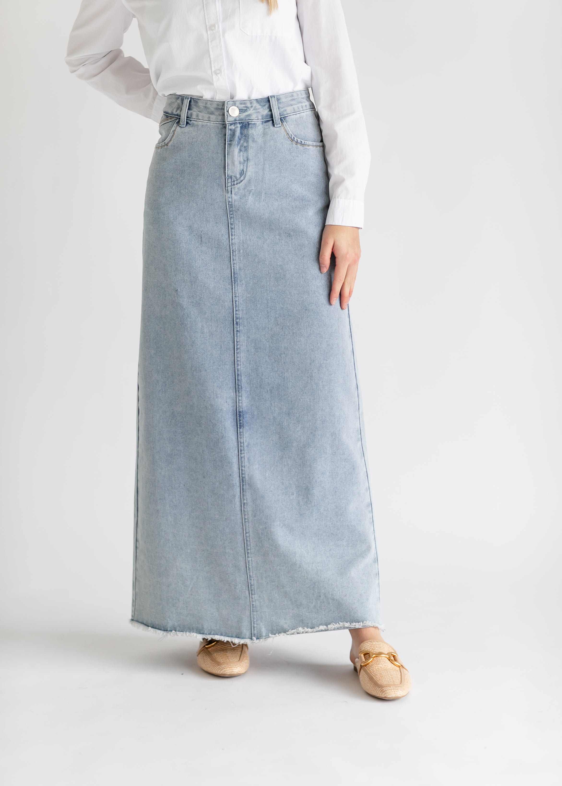 Elisha Light Wash Long Denim Skirt Inherit Co