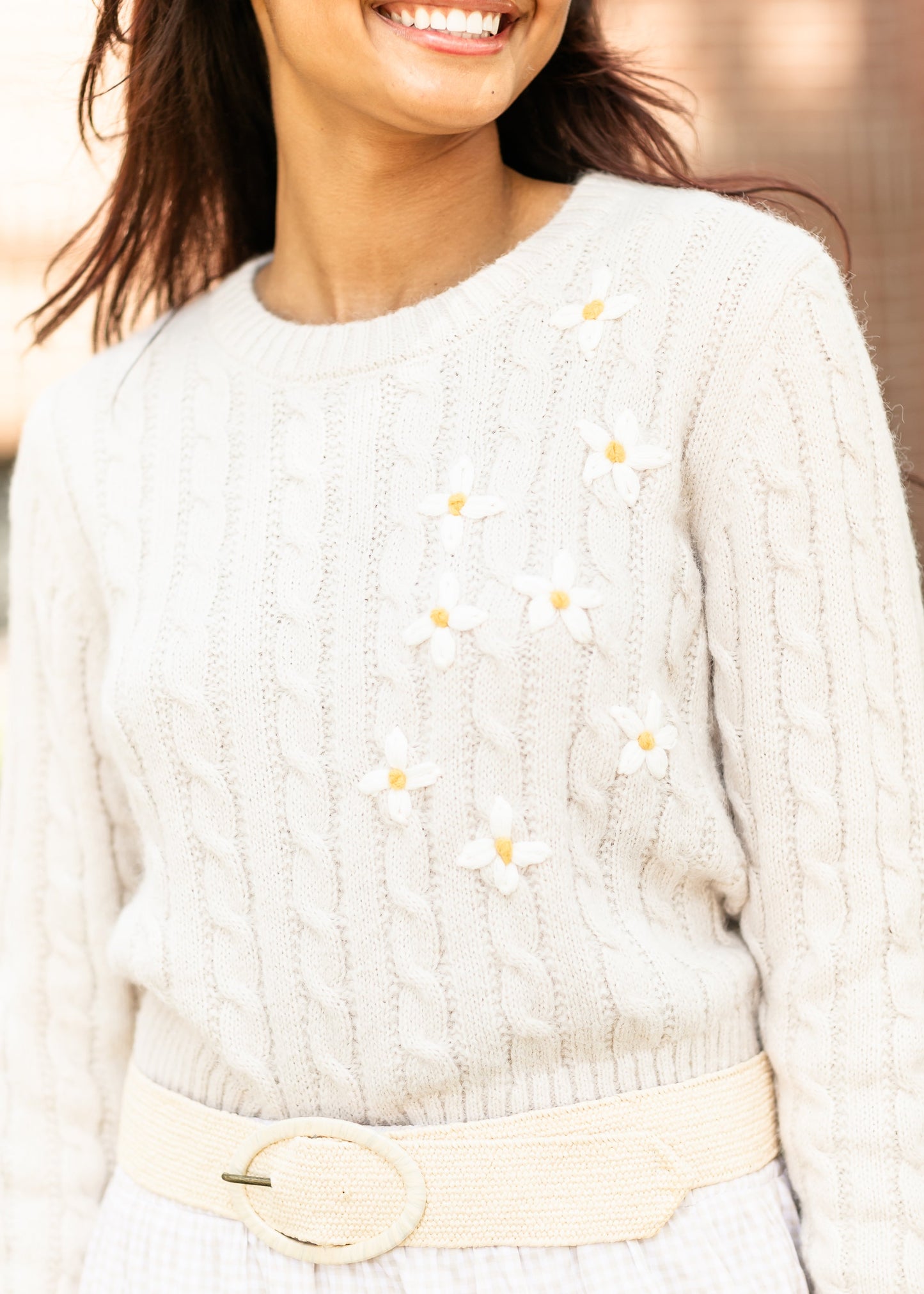 Embroidered Daisy Crewneck Sweater FF Tops