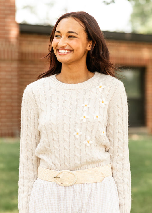 Embroidered Daisy Crewneck Sweater FF Tops