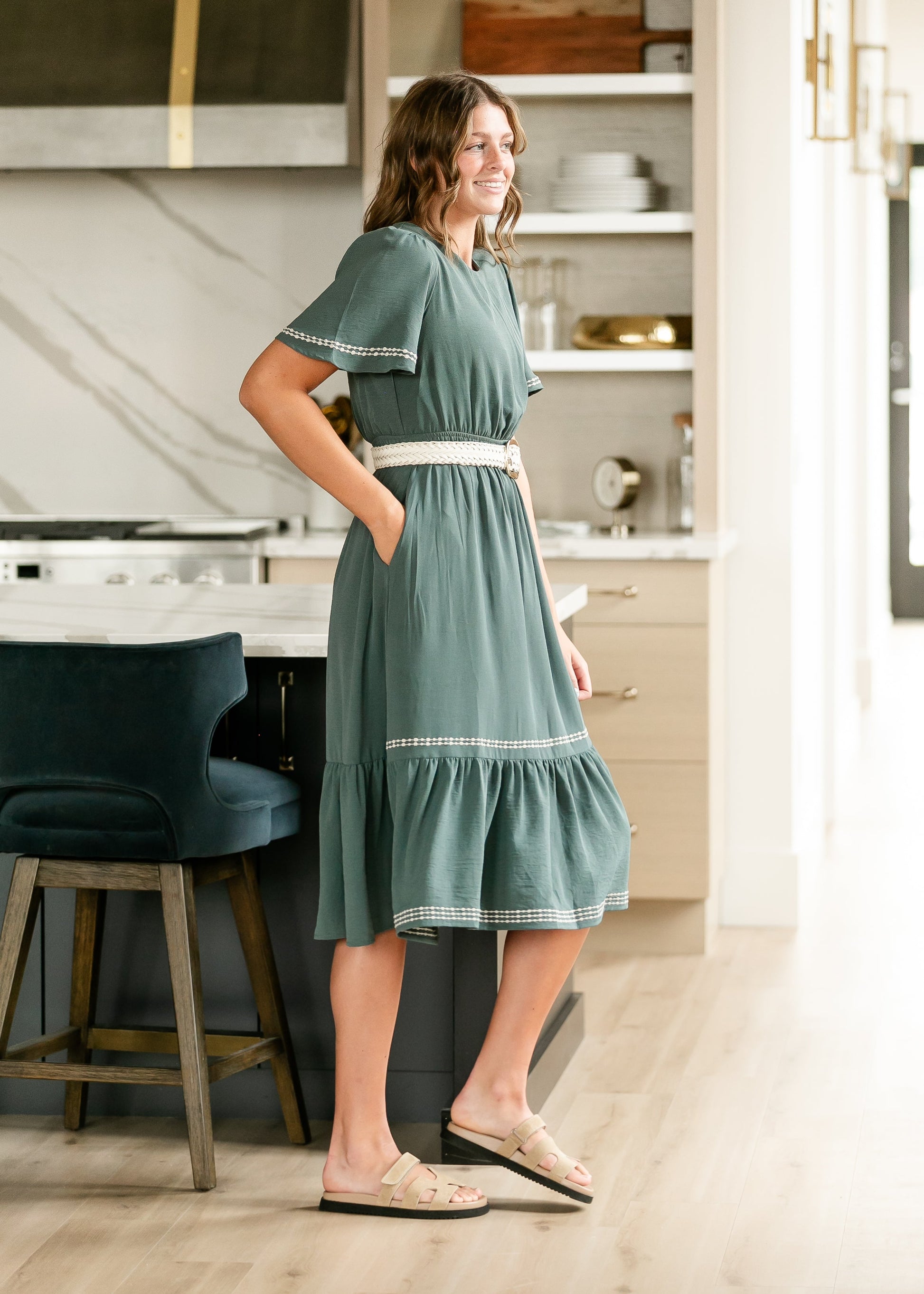 Embroidered Flutter Sleeve Green Maxi Dress FF Dresses