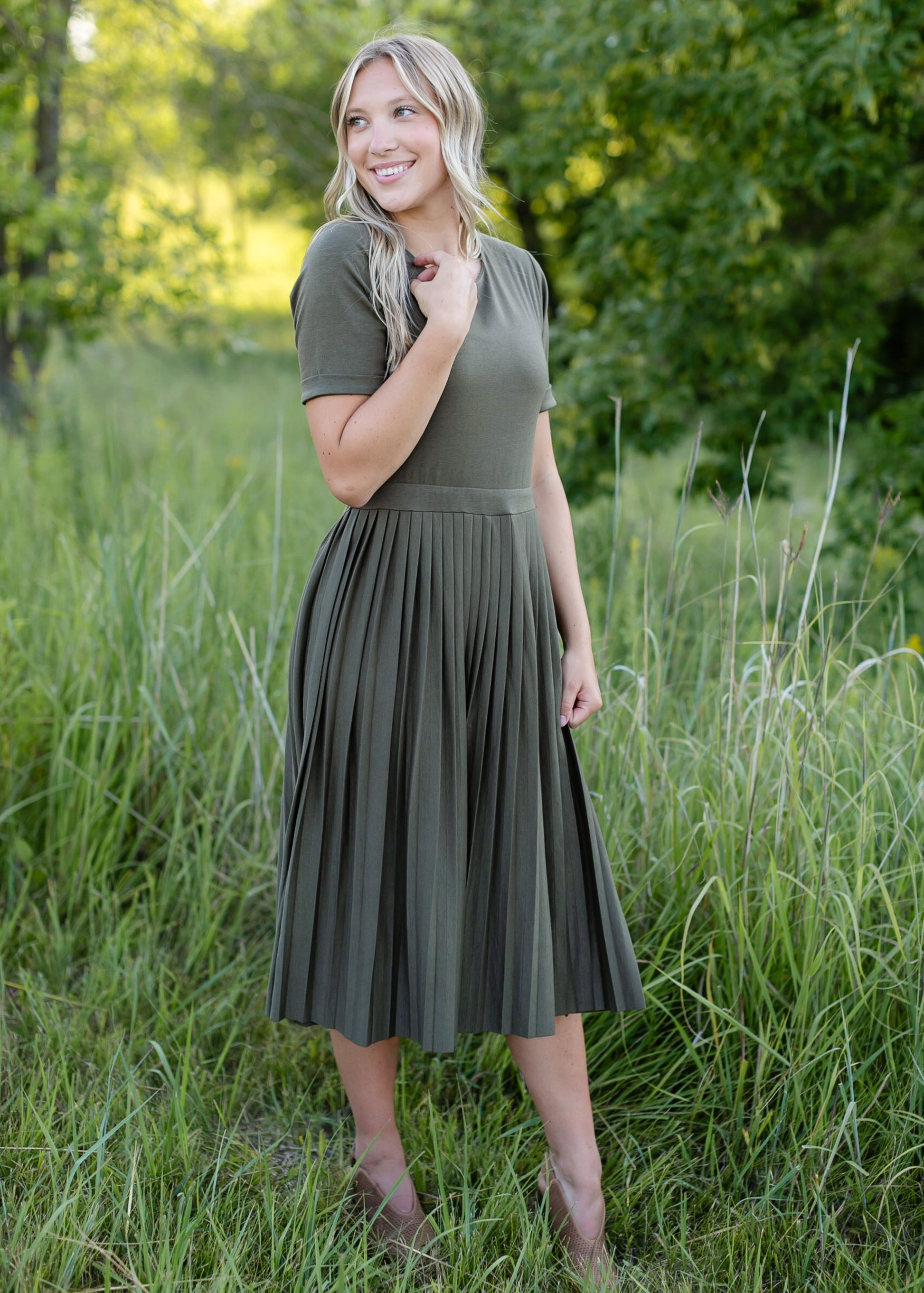 Emersyn Pleated Midi Dress IC Dresses Olive / XS