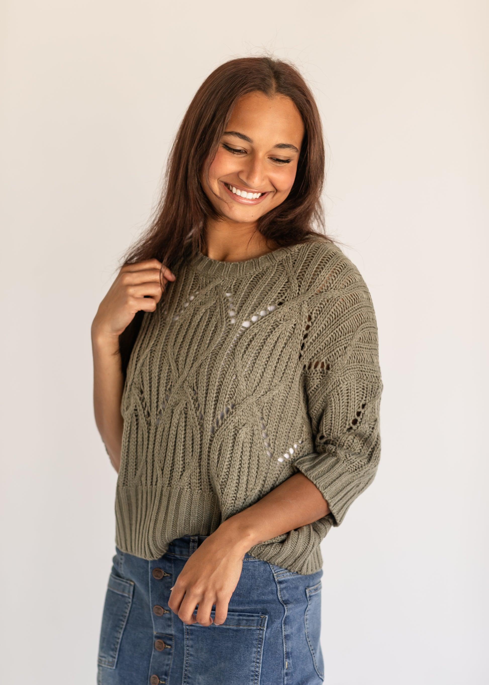 Esme Short Sleeve Crochet Sweater IC Tops Olive / S