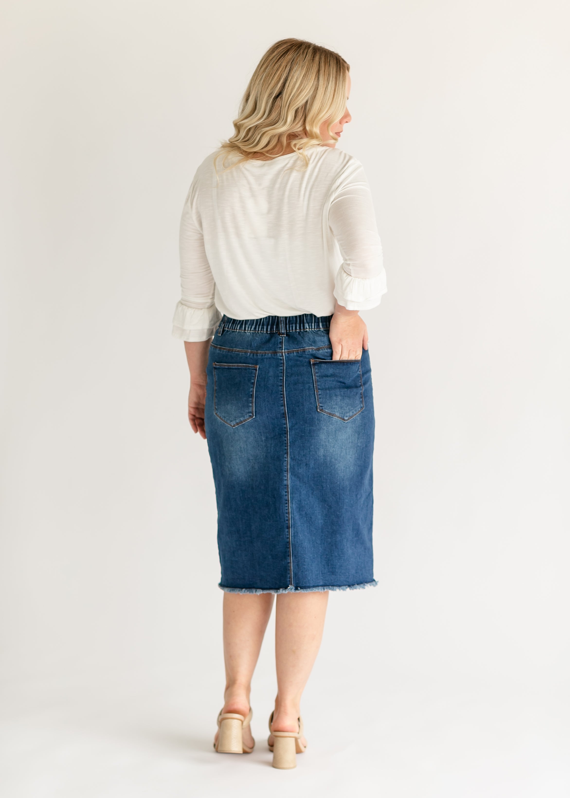 Eva Raw Hem Stitched Midi Skirt