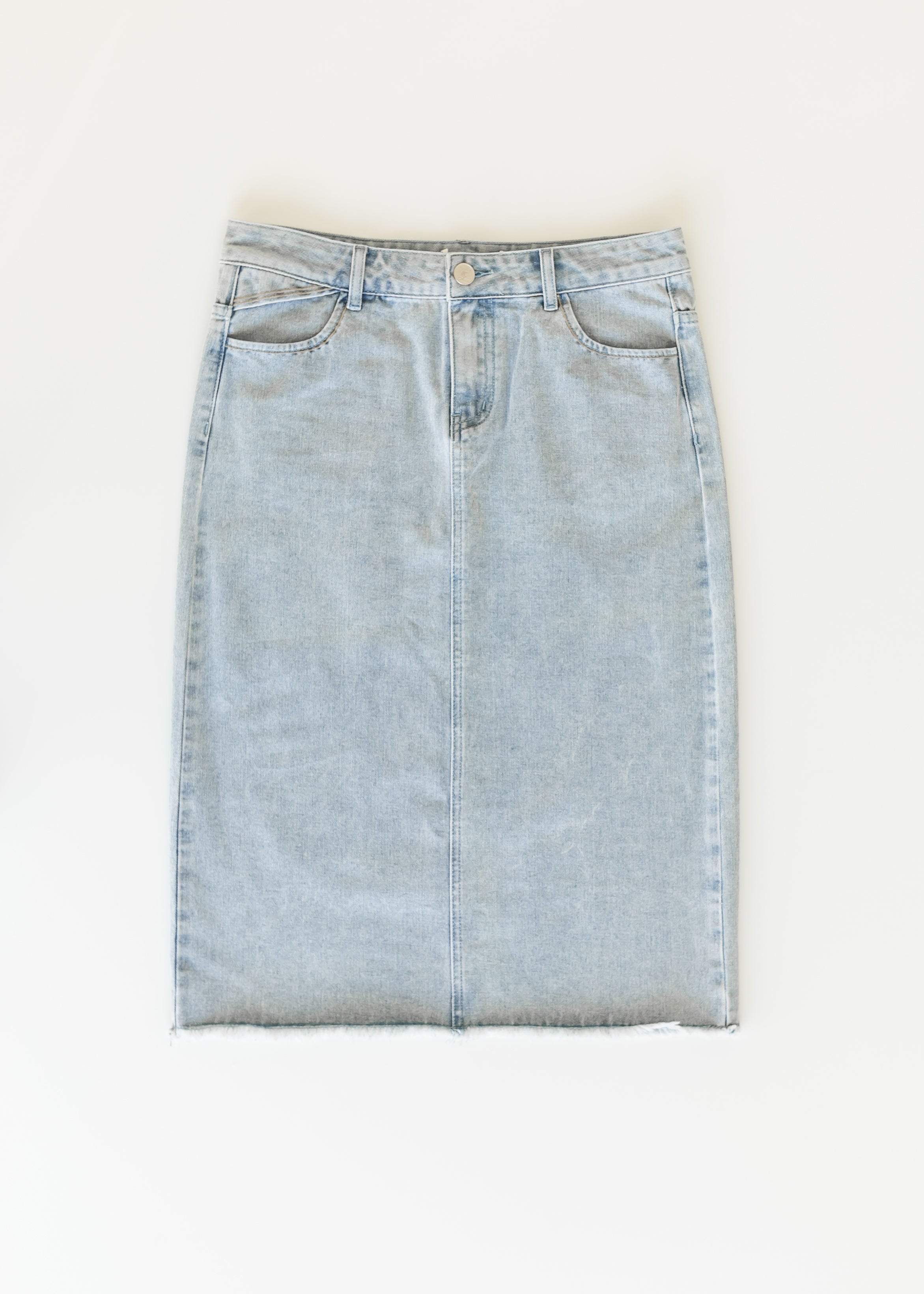 Everly Light Wash Midi Denim Skirt FINAL SALE Inherit Co