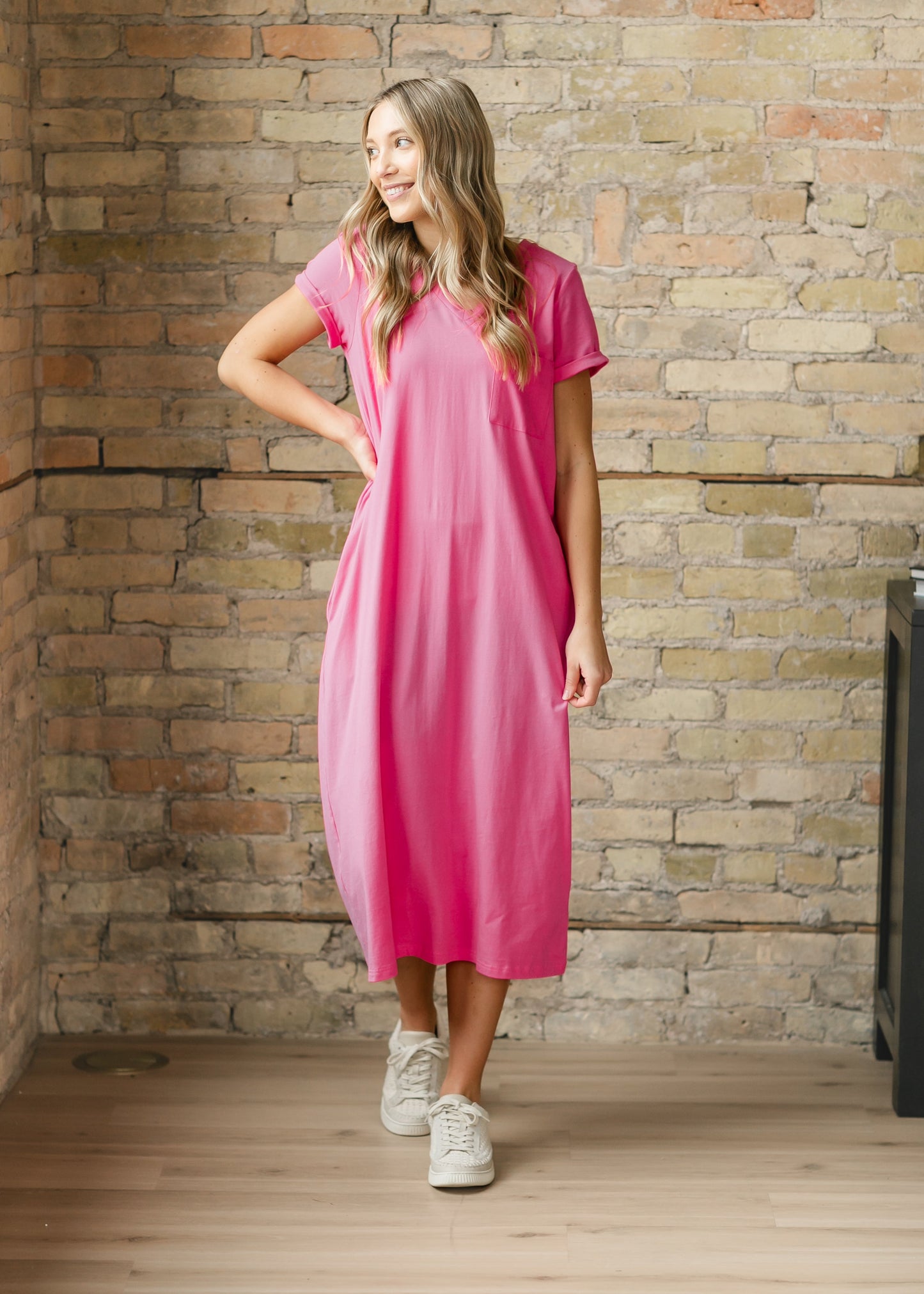 Finley V-Neck T-Shirt Midi Dress IC Dresses Pink / XS