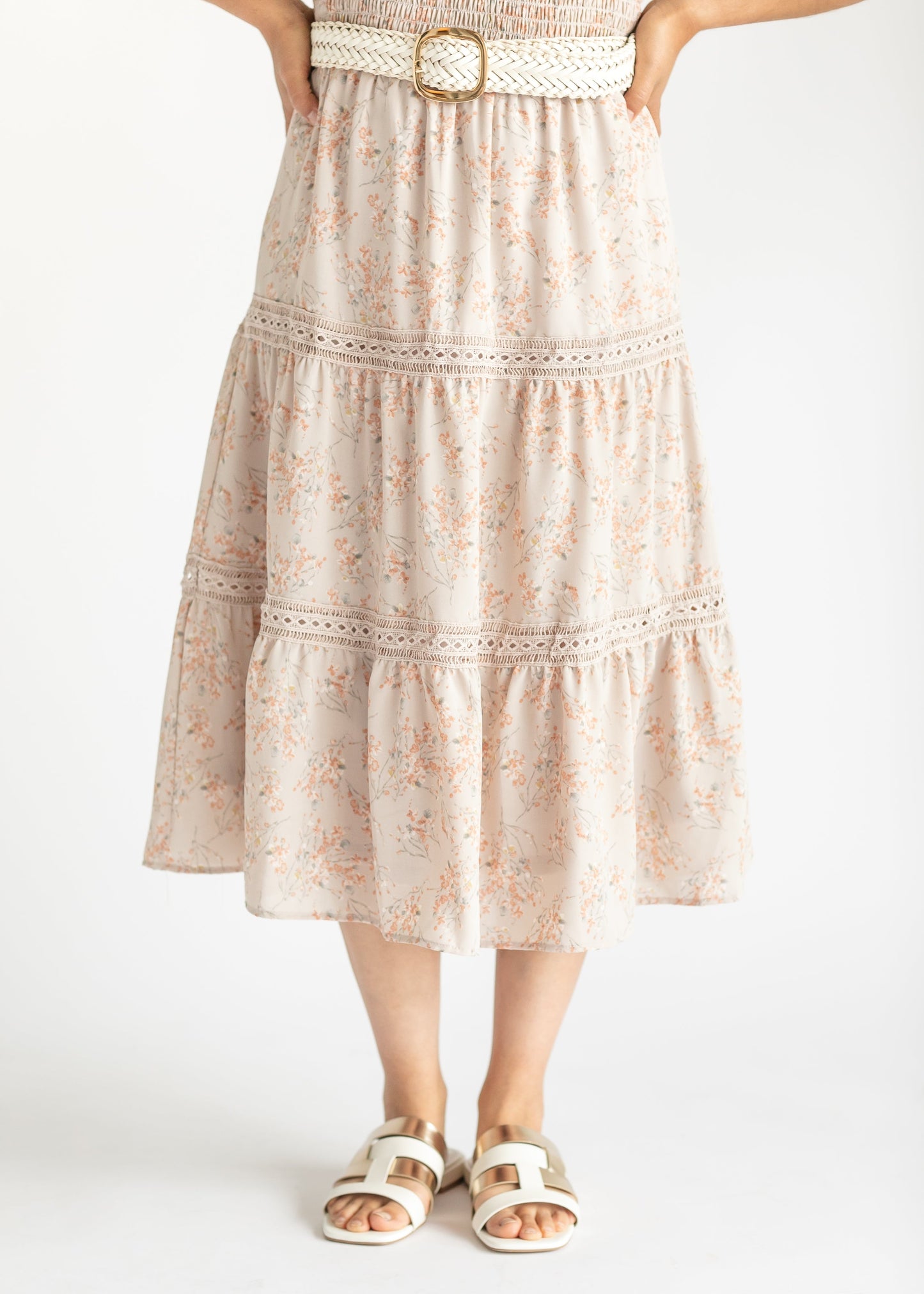 Floral and Lace Tiered Smocked Midi Dress FF Dresses