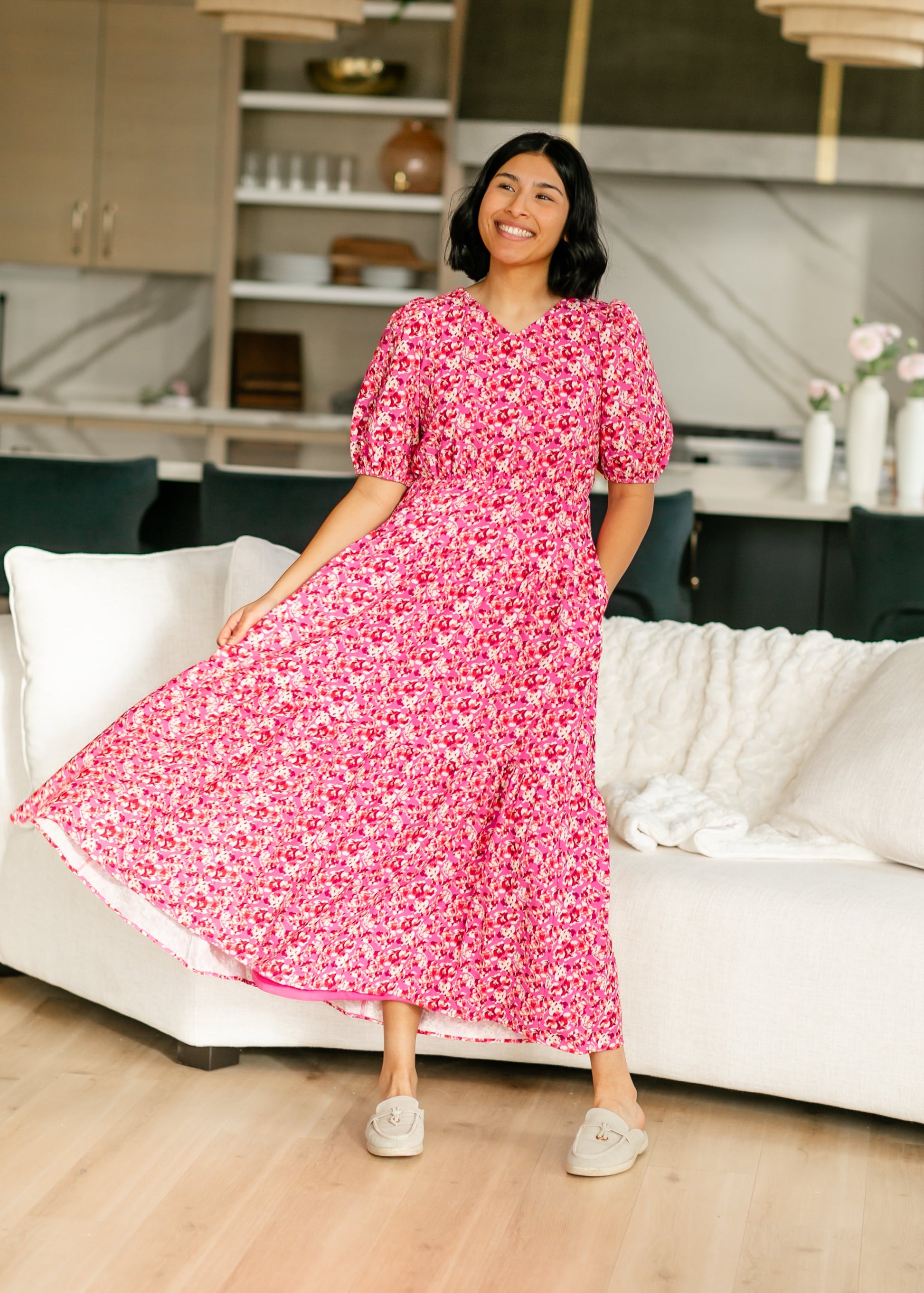 Floral Print Rose Pink Tiered Maxi Dress FF Dresses