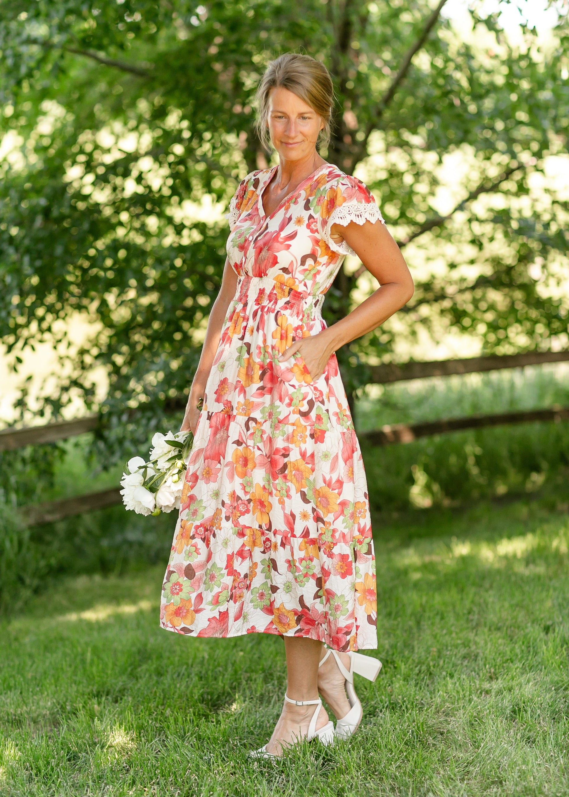 Floral Print Smock Waist Tiered Midi Dress FF Dresses