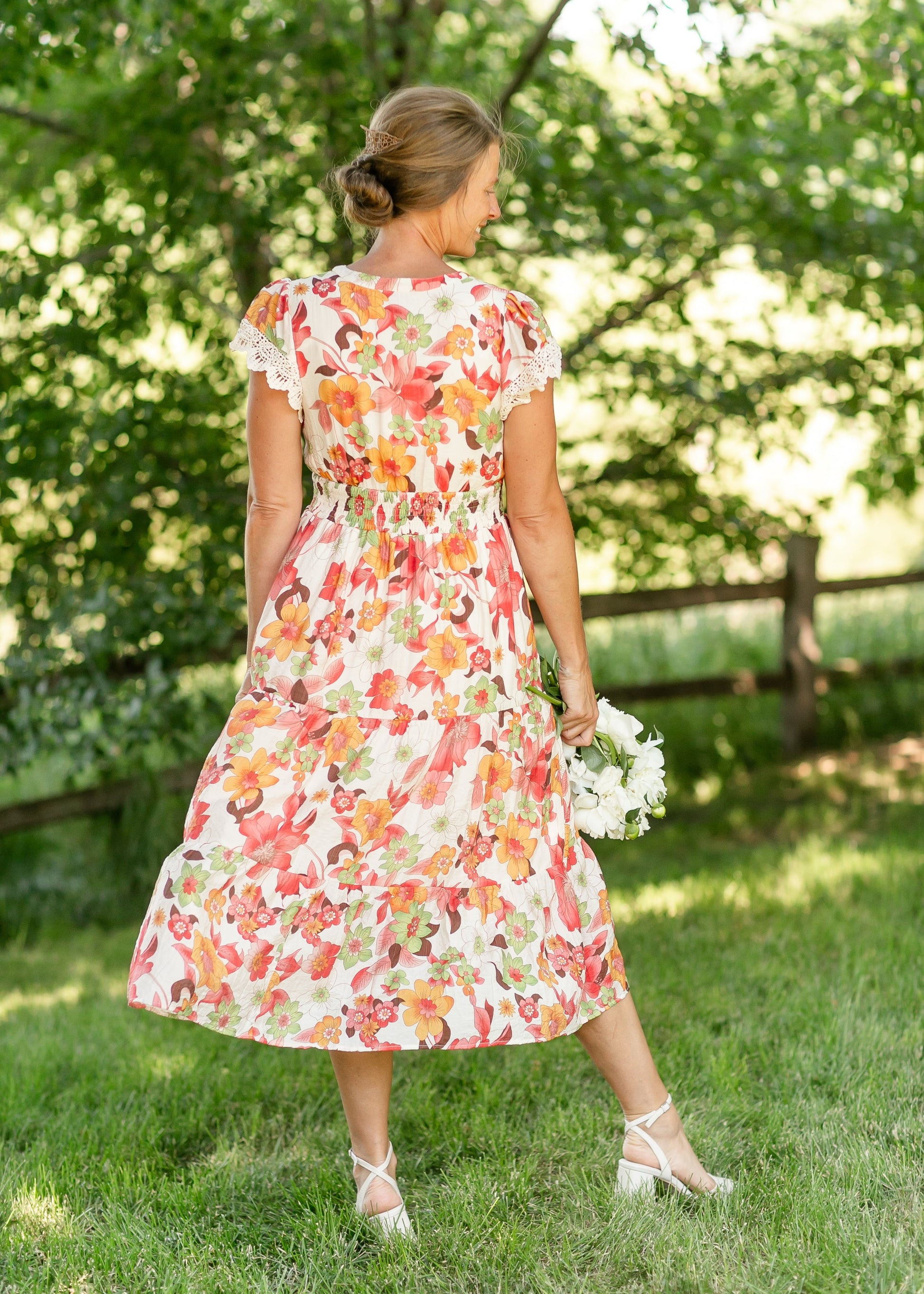 Floral Print Smock Waist Tiered Midi Dress FF Dresses