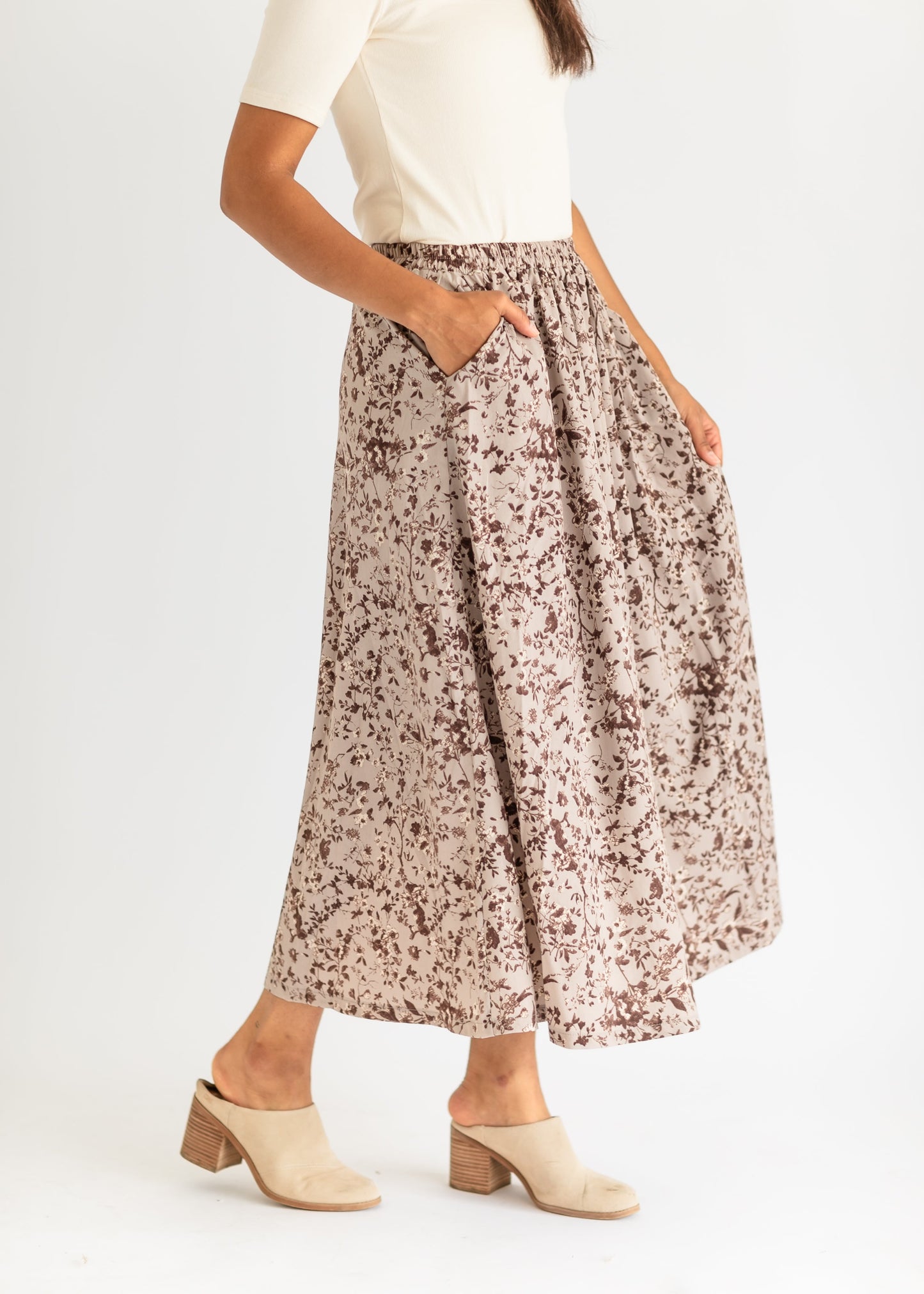 Floral Print Stretch Waist Midi Skirt FF Skirts