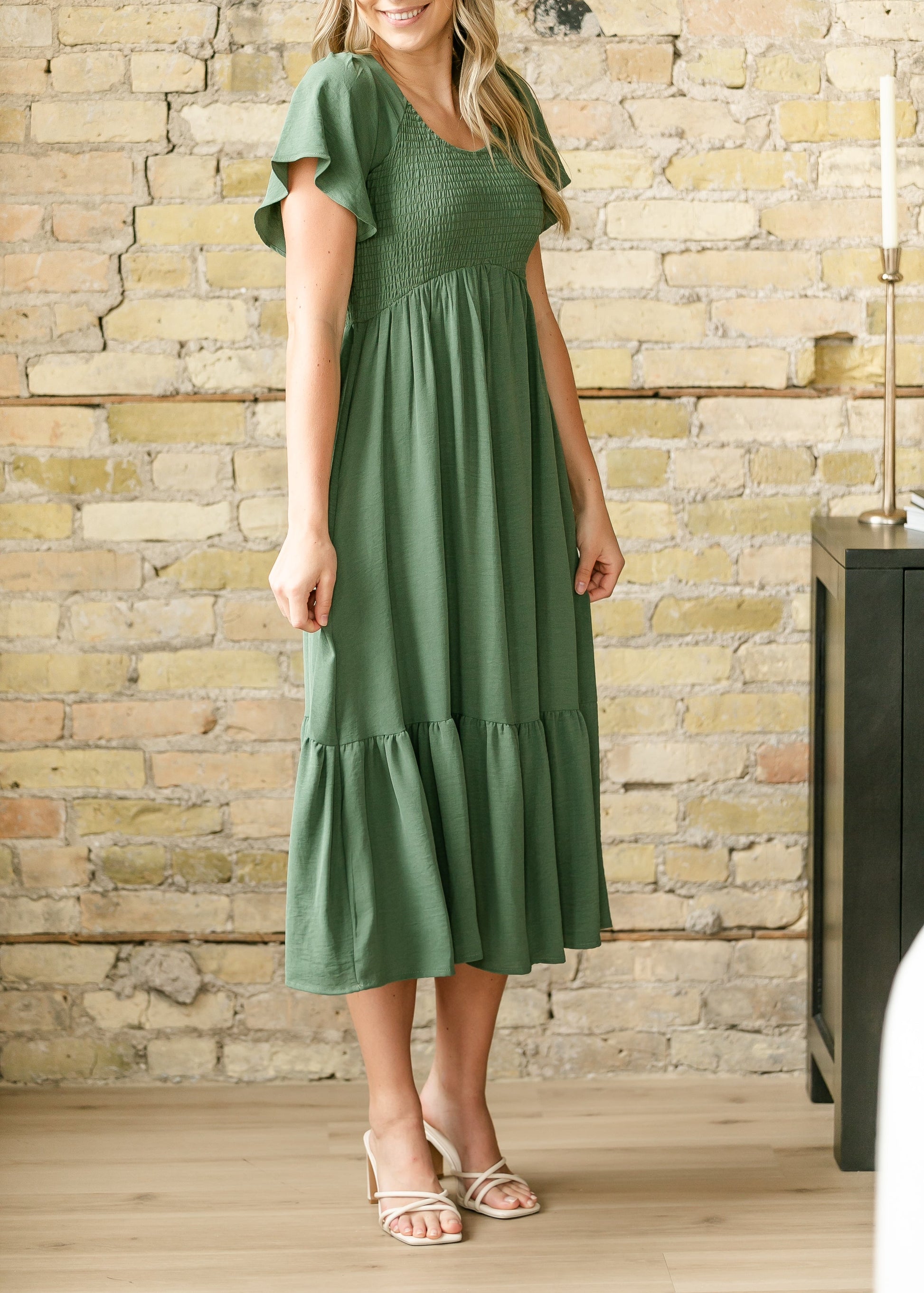 Flutter Sleeve Smocked Green Midi Dress FF Dresses