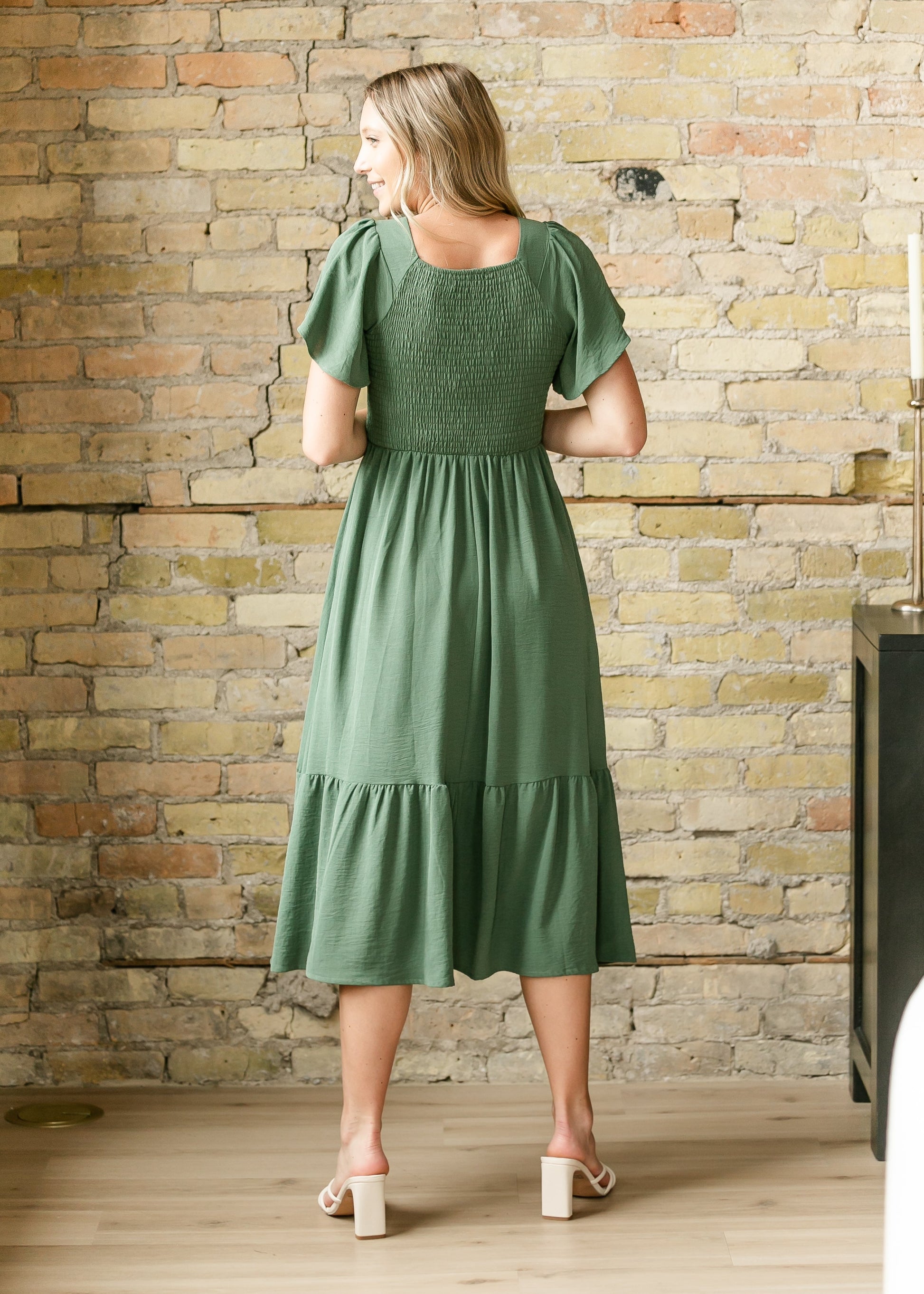 Flutter Sleeve Smocked Green Midi Dress FF Dresses