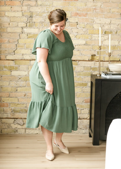 Flutter Sleeve Smocked Green Midi Dress FF Dresses