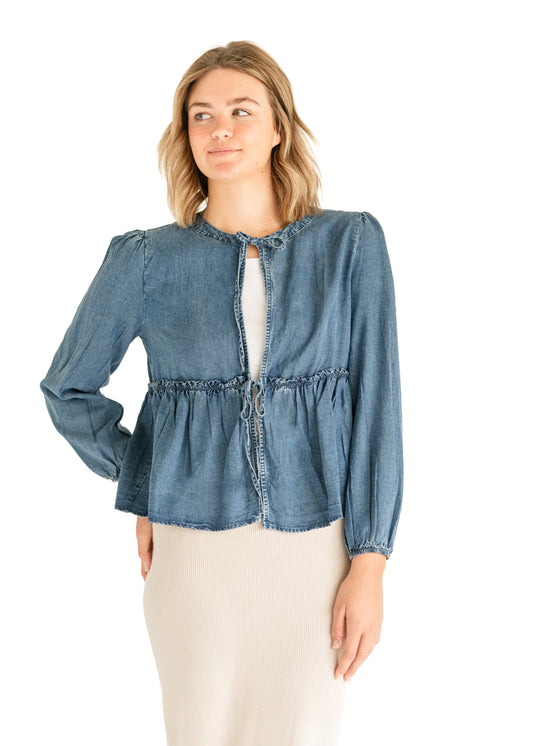 Front Tie Long Sleeve Chambray Top FF Tops