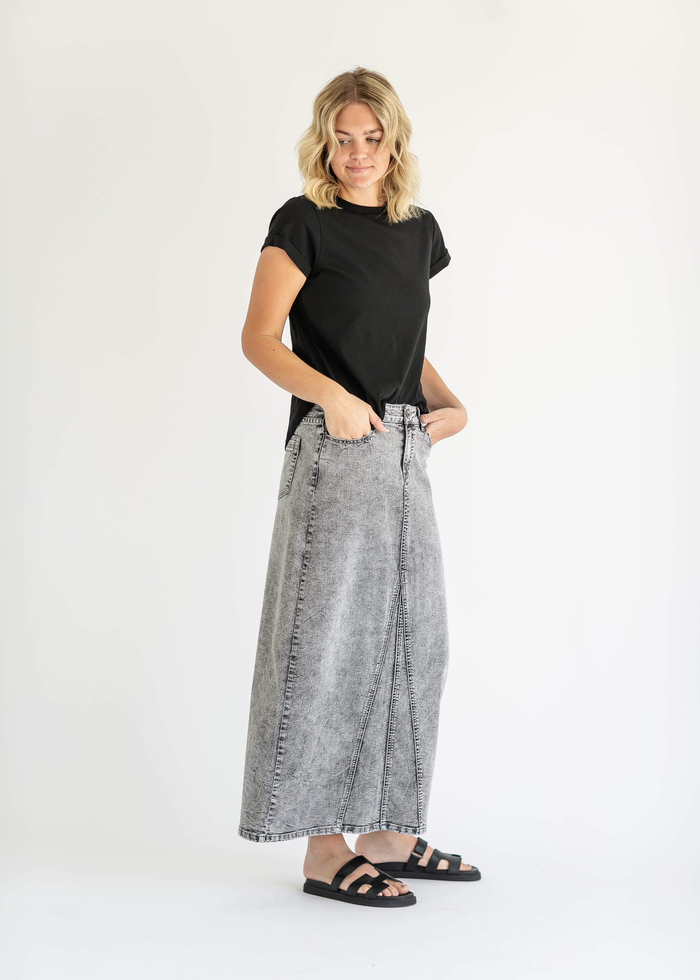 Genevieve A line Denim Maxi Skirt Inherit Co