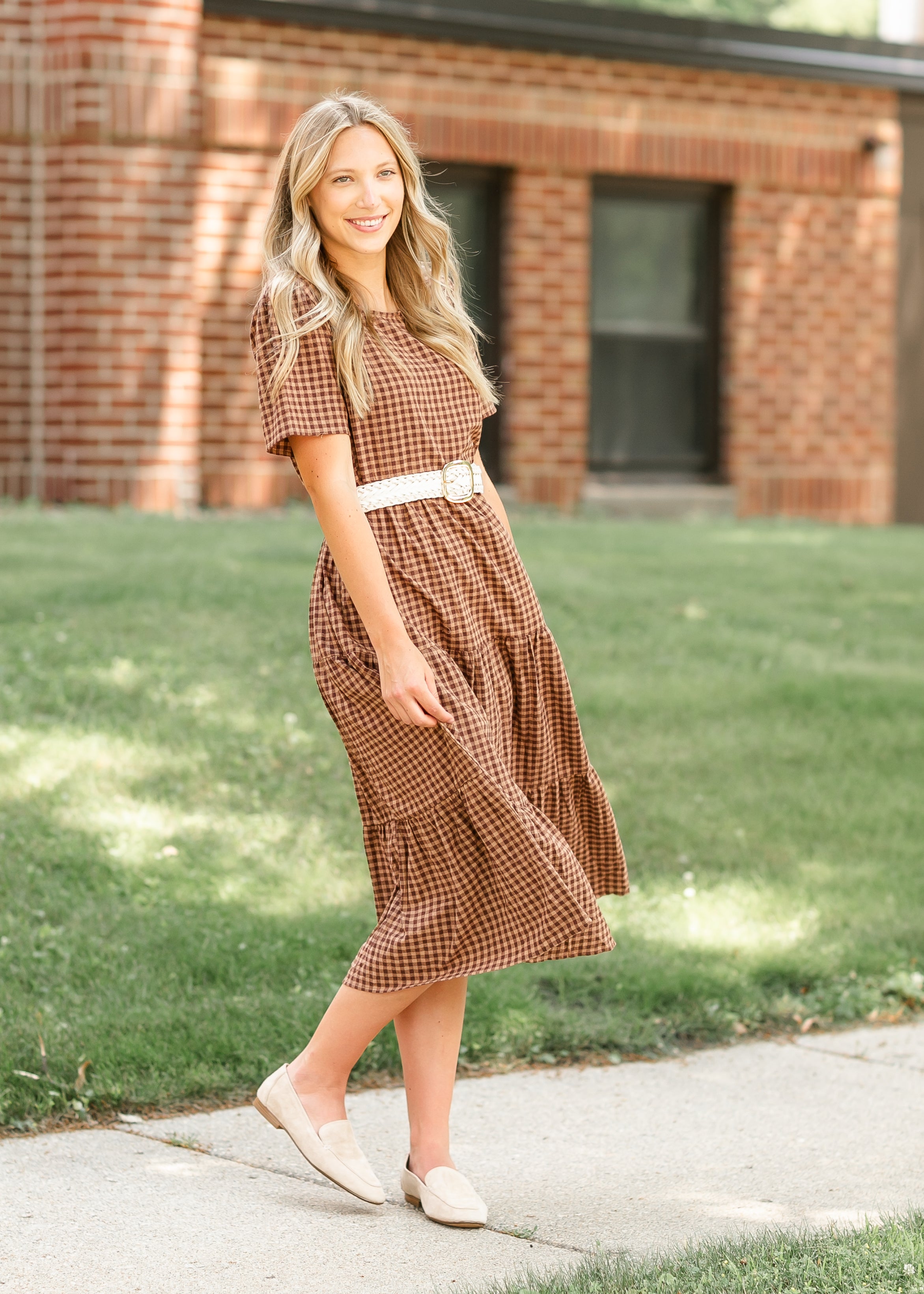 Gingham Brown Tiered Maxi Dress Inherit Co