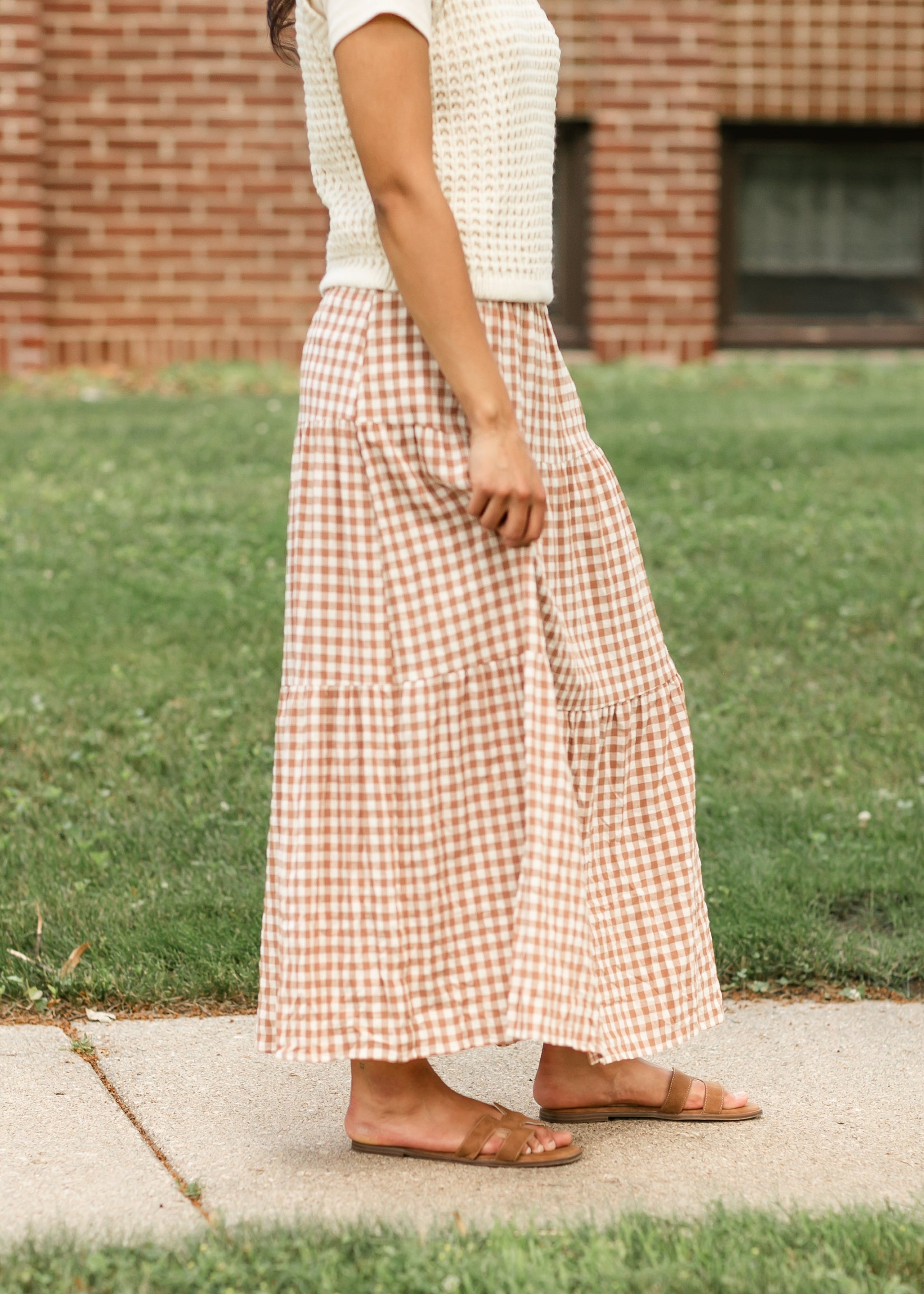 Gingham Brown Tiered Maxi Skirt FF Skirts