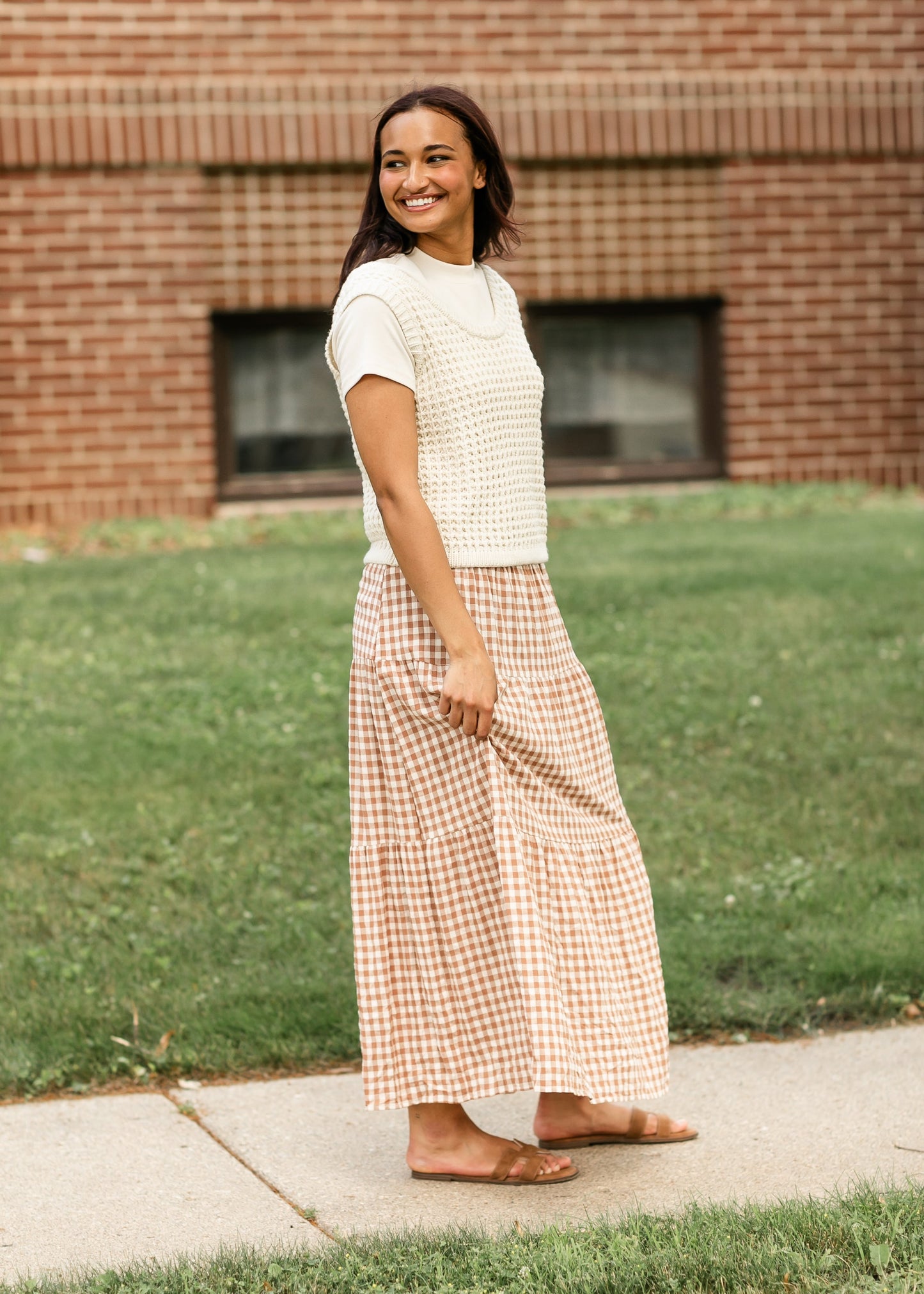 Gingham Brown Tiered Maxi Skirt FF Skirts