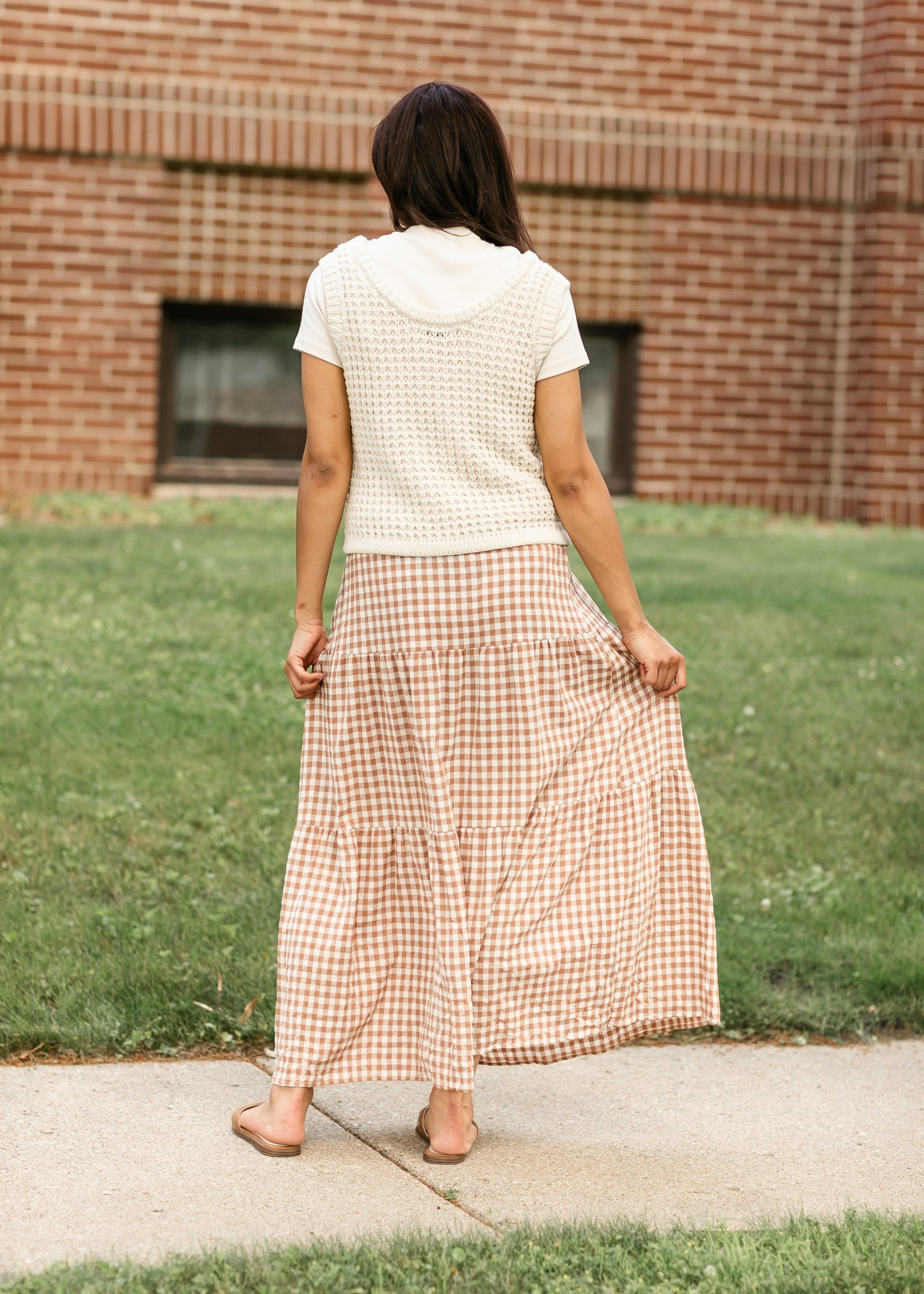 Gingham Brown Tiered Maxi Skirt FF Skirts