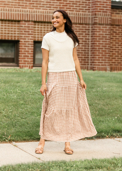 Gingham Brown Tiered Maxi Skirt FF Skirts