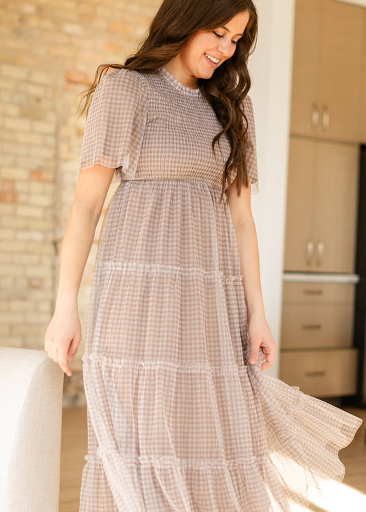 Gingham Mesh Tiered Maxi Dress FF Dresses