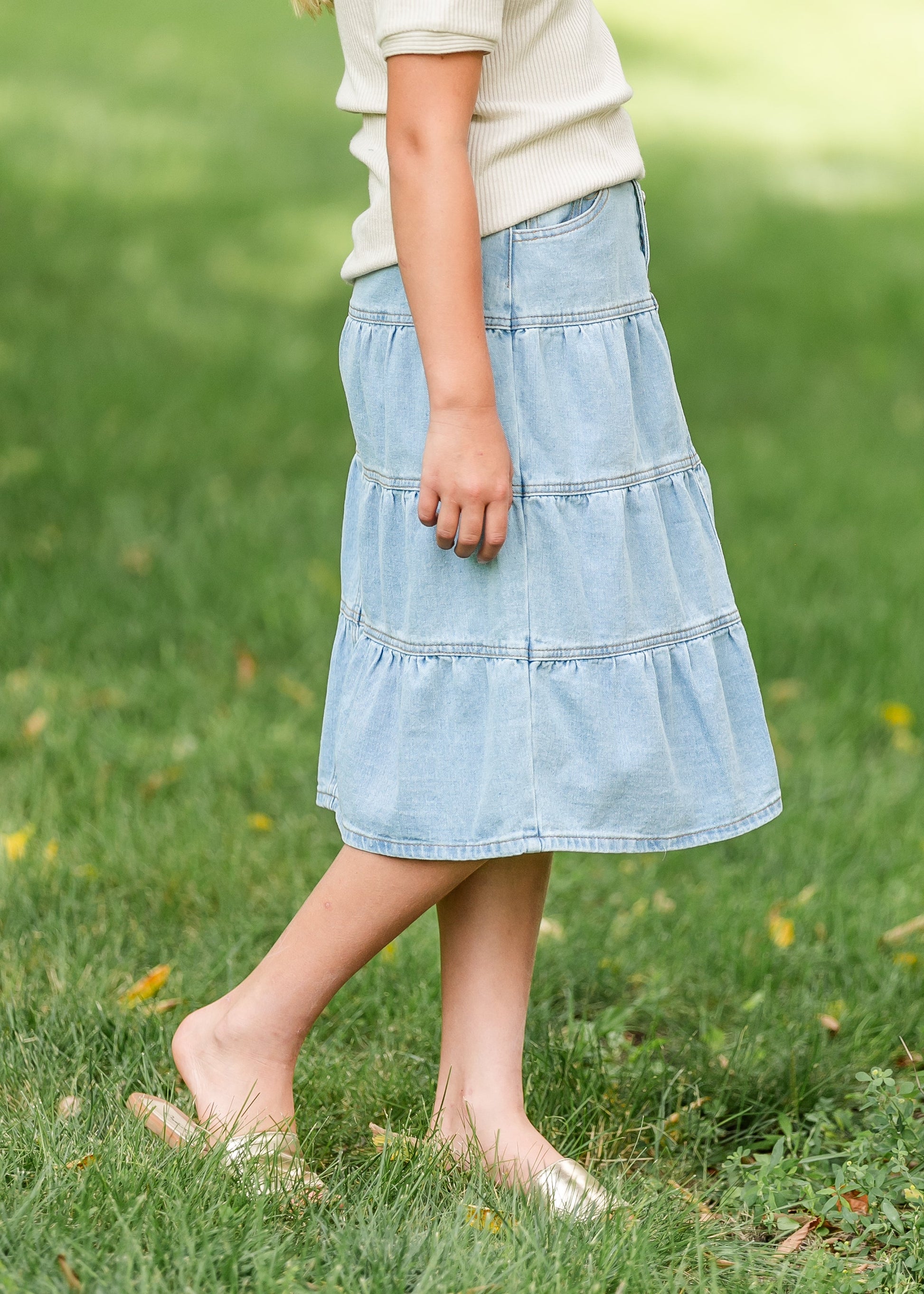 Girl's Front Button Tiered Denim Skirt FF Girls