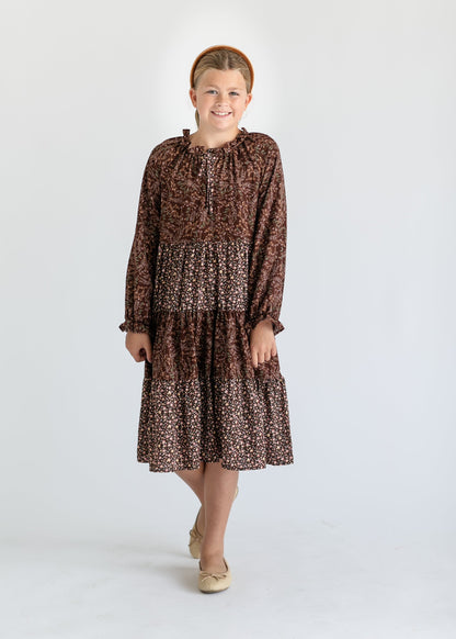 Girl's Long Sleeve Brown Floral Dress FF Dresses