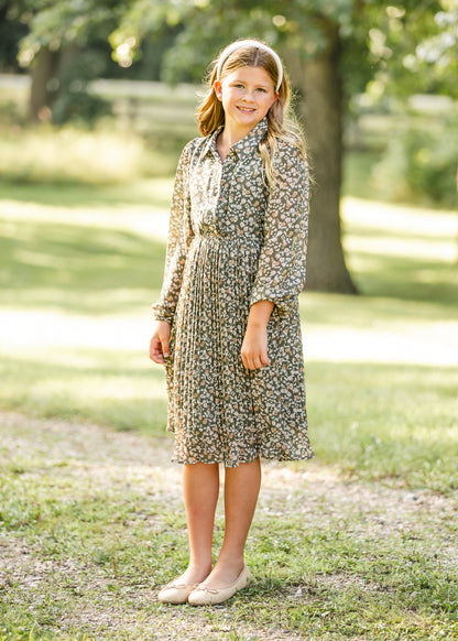 Girl's Long Sleeve Olive Floral Dress FF Dresses