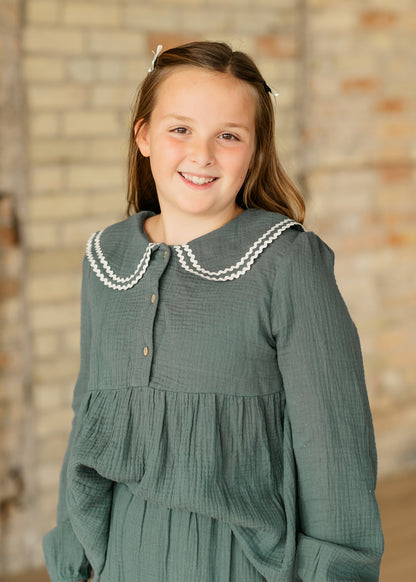 Girl's Peter Pan Collar Green Gauze Cotton Top FF Girls