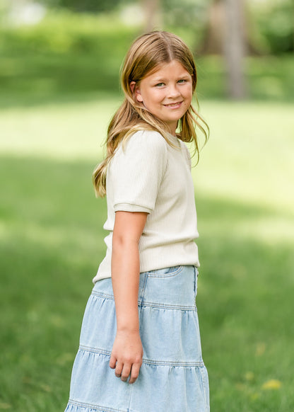 Girl's Ribbed Taupe Short Sleeve Top FF Girls